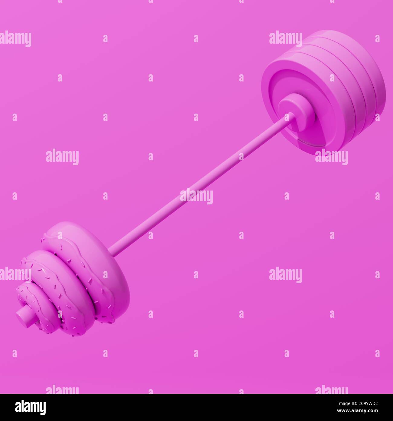 Stylized gym barbell made of half donuts and half weight plates on a pink background. Weight and fat loss. Dieting, sugar craving, additction Stock Photo