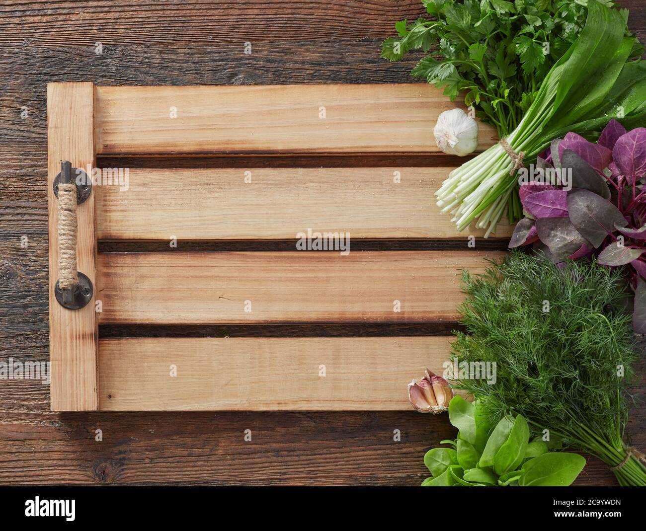 Herb leafs on wood table Stock Photo