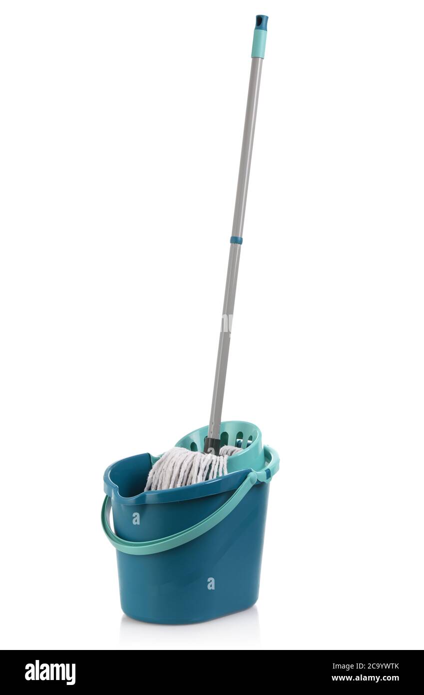 Mop and bucket isolated on white Stock Photo - Alamy