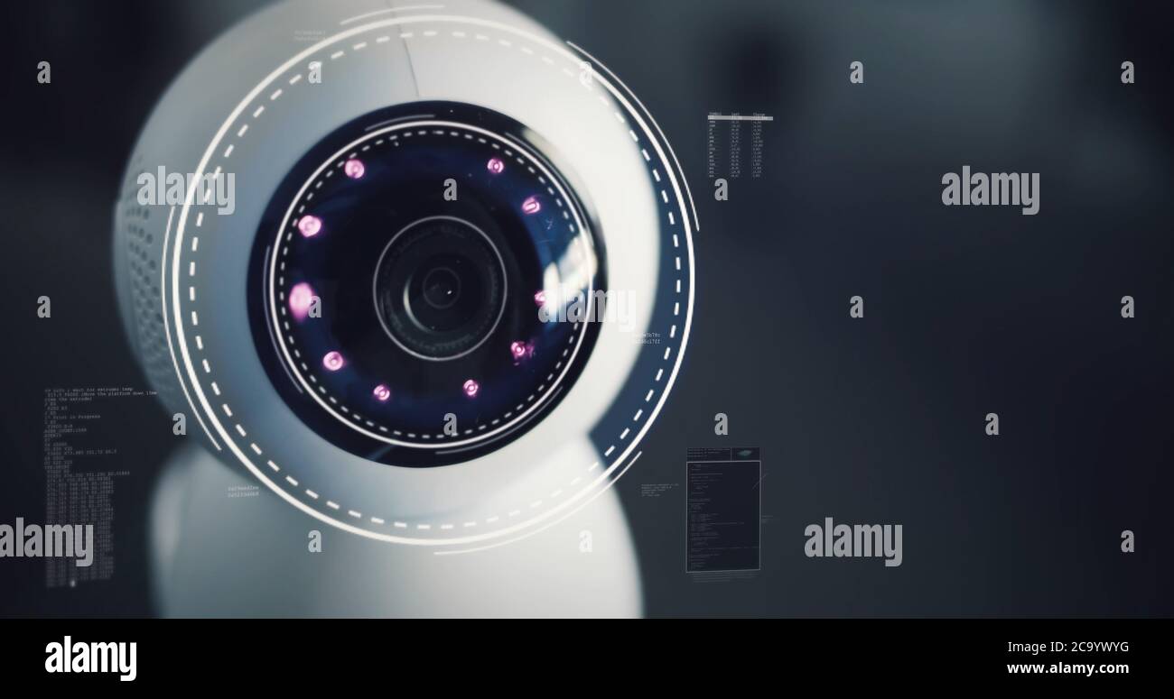Robot home futuristic security camera scans the surroundings. Digital HUD overlay. Stock Photo