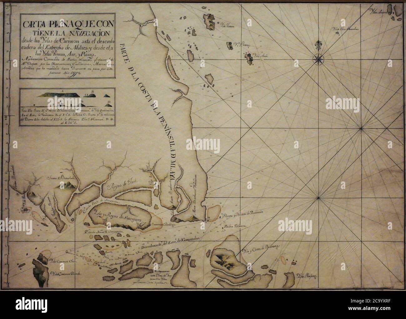 Chart of the Singapore Strait, 1778. It is a representation of Singapore with the name of 'Island and Kingdom of Sincapura', as an independent realm prior to British colonisation. It includes an elevation plan of Viola Island, identified as 'Island of Vandurria', the earliest known depiction of this land in a Spanish document. Naval Museum. Madrid. Spain. Stock Photo