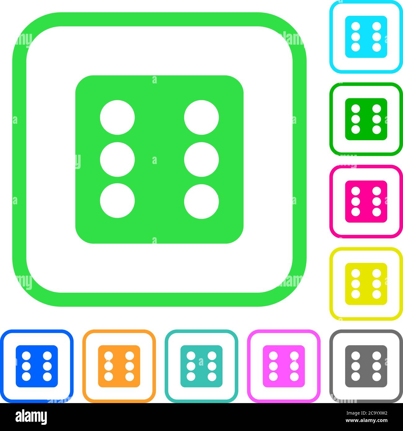 Dice six vivid colored flat icons in curved borders on white background