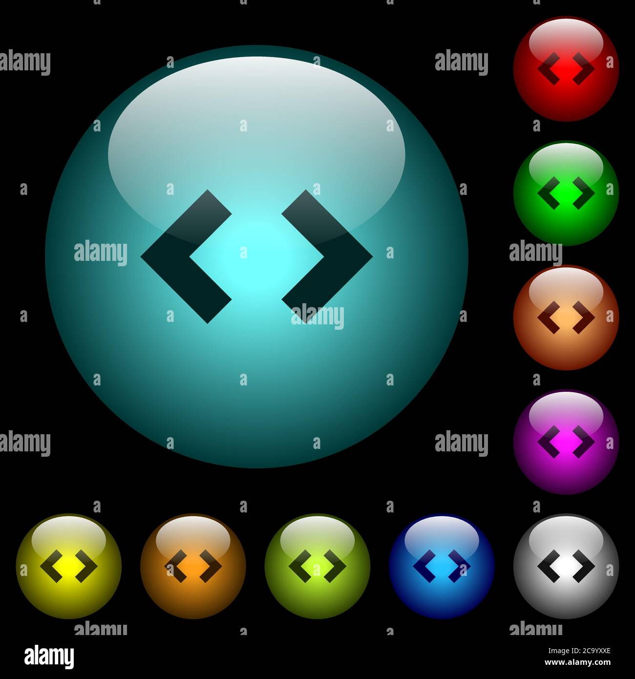 Script code icons in color illuminated spherical glass buttons on black ...