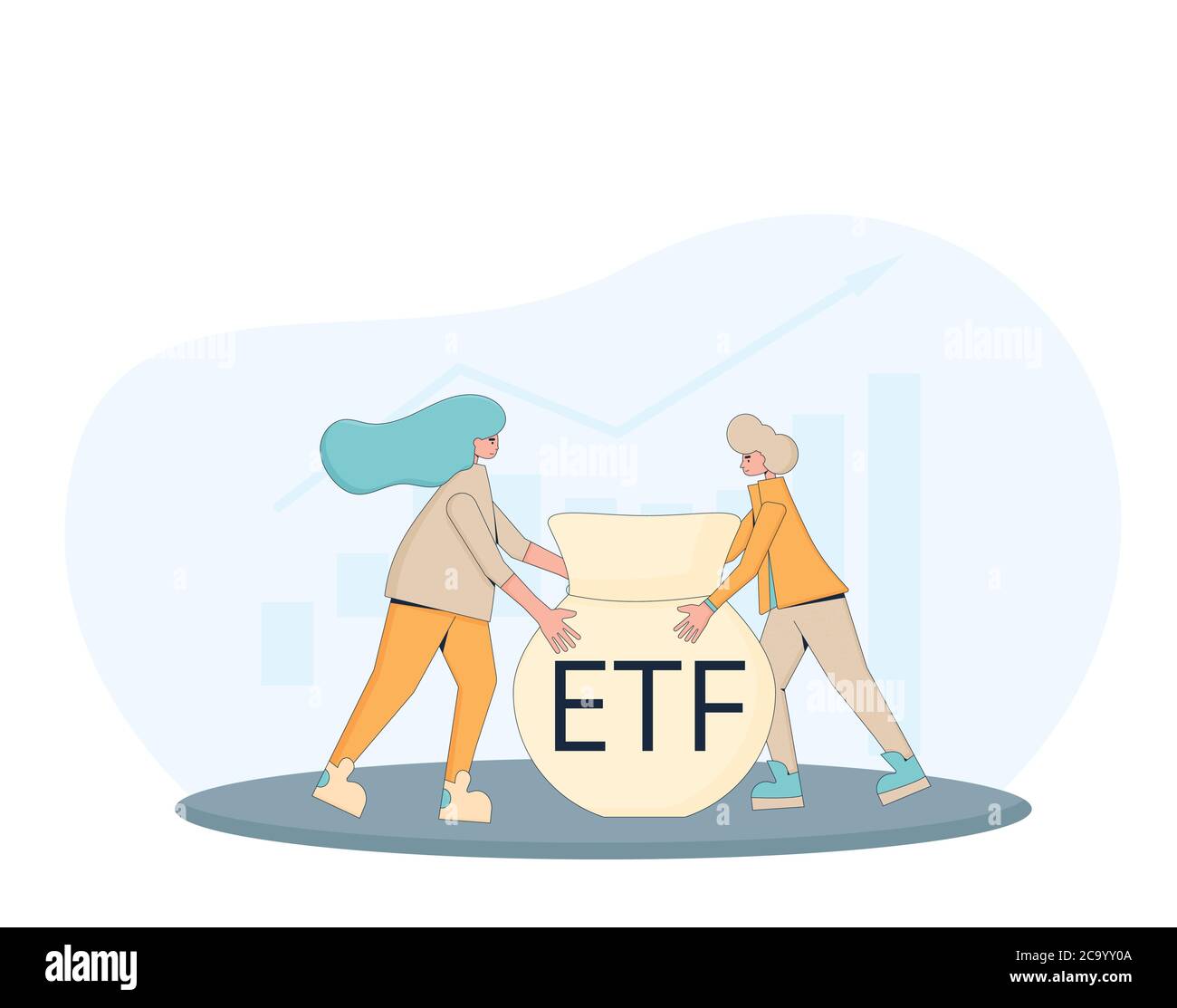 ETF concept. Economic diversification. Two investors holding a bag with Exchange Traded Funds. Young man and woman with investment symbols. Line art f Stock Vector