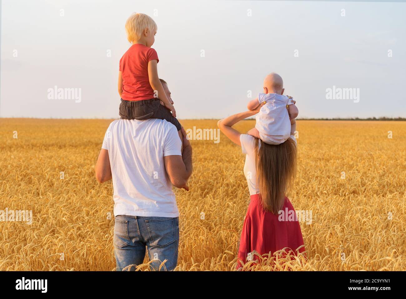 Young family in field with two young children. Kids sit on shoulders of parents. Rear view Stock Photo