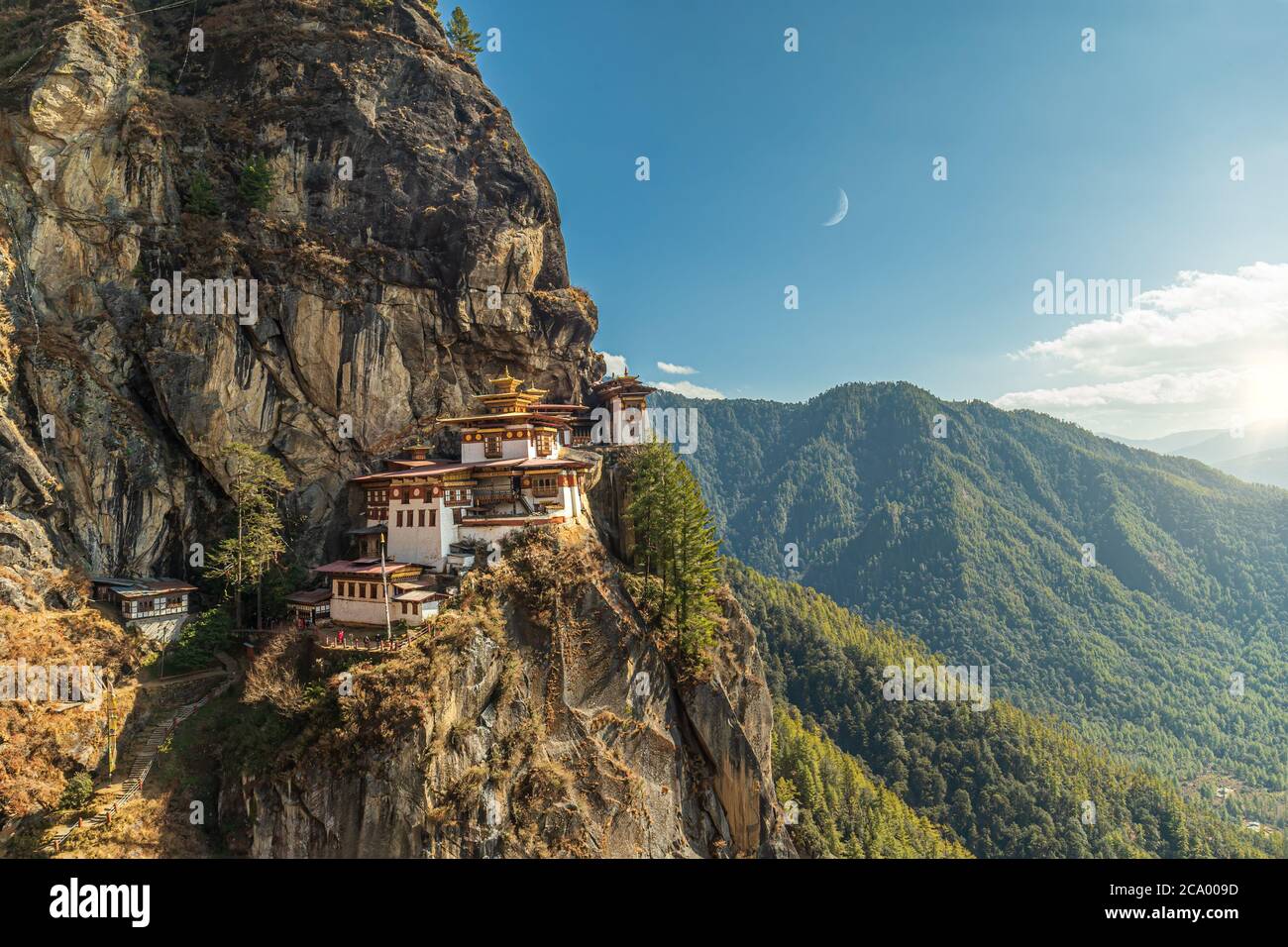 A view of the cliffside Tiger's Nest Monastery in Paro, Bhutan Stock Photo