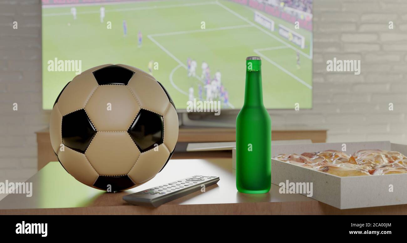 TV game at home - still life of modern living room with football beer bottle and pizza box on table while LCD television screen broadcasts live soccer Stock Photo