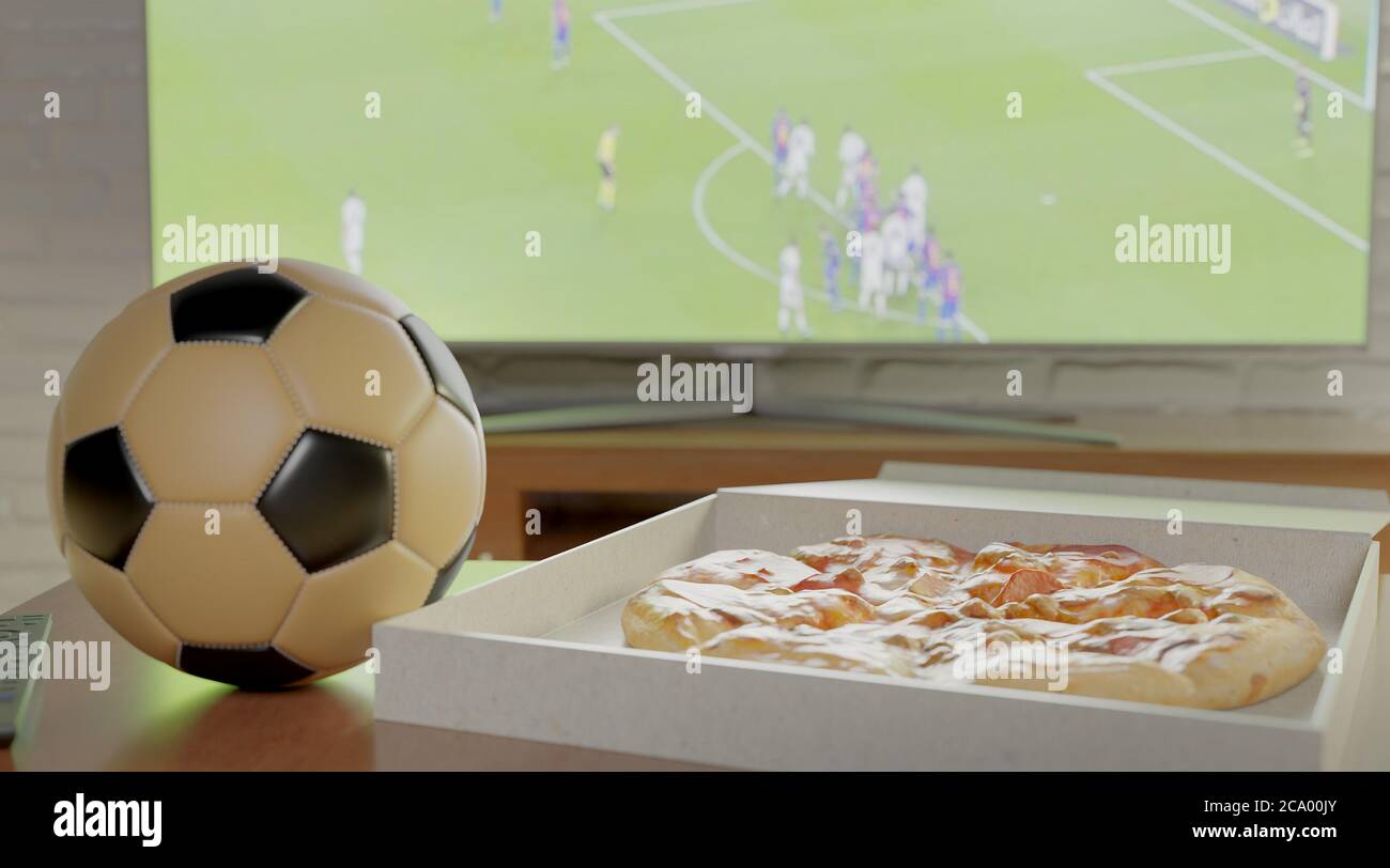 TV soccer game at home - still life of modern living room with leather football and pizza box on table while big LCD television screen broadcasts live Stock Photo