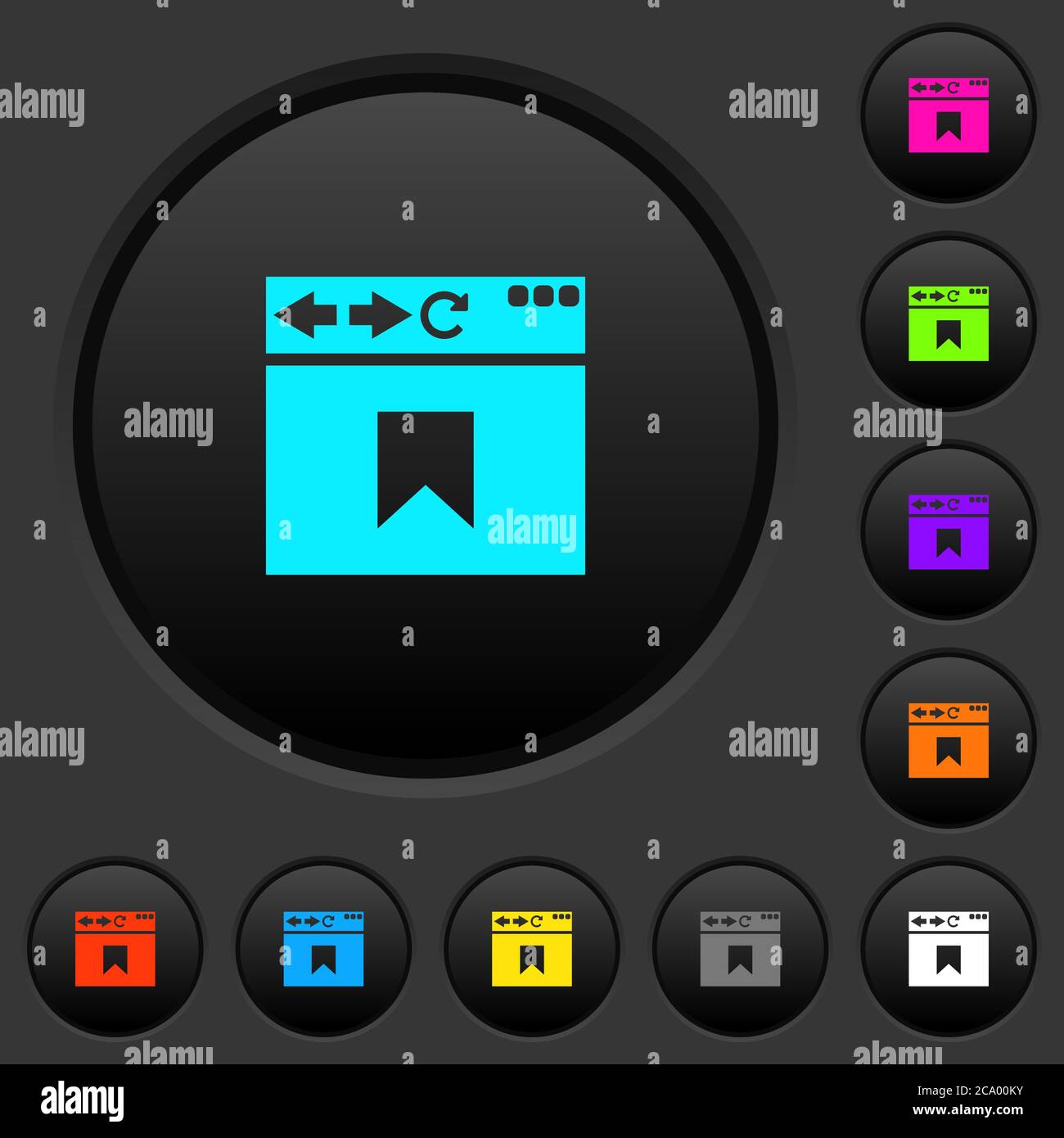 Browser bookmark dark push buttons with vivid color icons on dark grey ...