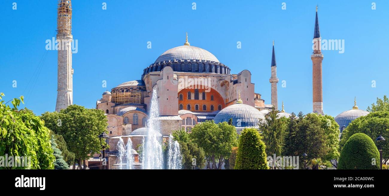 Hagia Sophia in summer, Istanbul, Turkey. Ancient Hagia Sophia or Ayasofya is top landmark of Istanbul, former Constantinople. Scenic panoramic view o Stock Photo