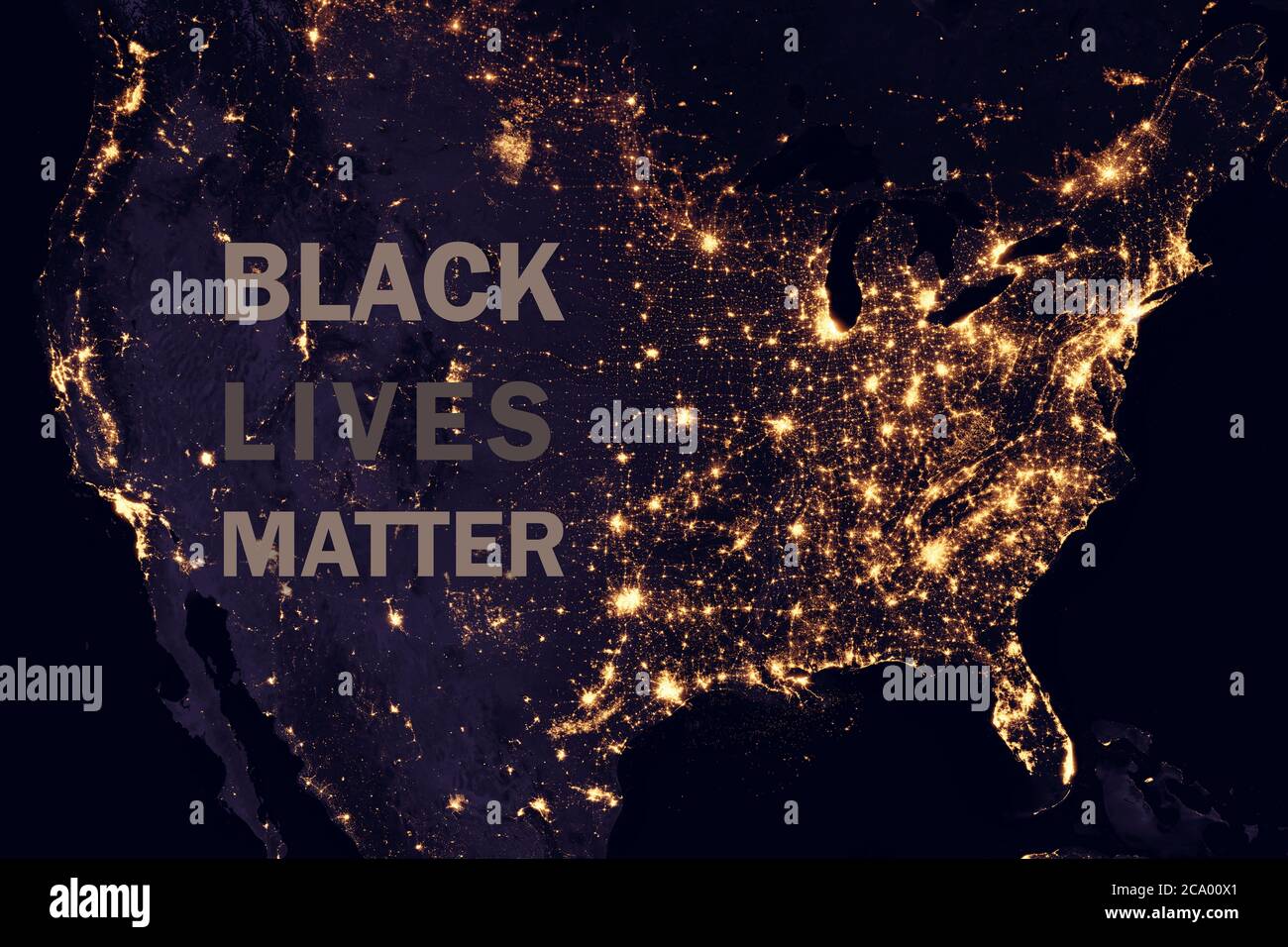 Black Lives Matter slogan on US night map, global satellite photo. Protest marches and riots against police violence, civil rights movement. Elements Stock Photo