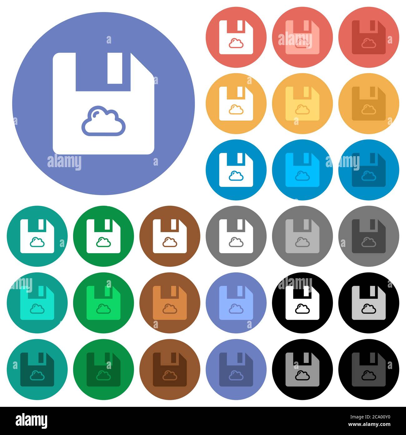 Cloud file multi colored flat icons on round backgrounds. Included white, light and dark icon variations for hover and active status effects, and bonu Stock Vector