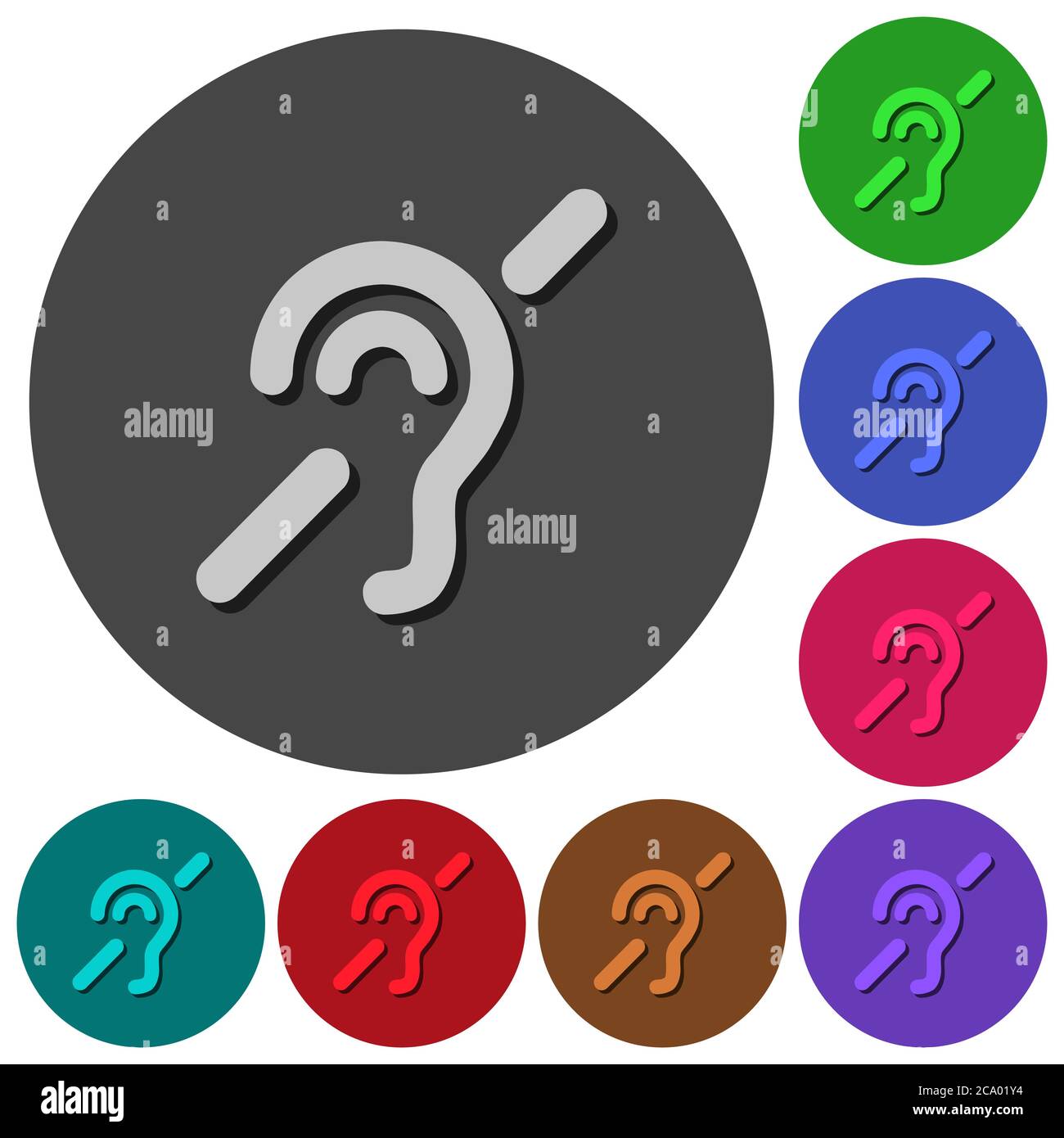 Hearing impaired icons with shadows on color round backgrounds for