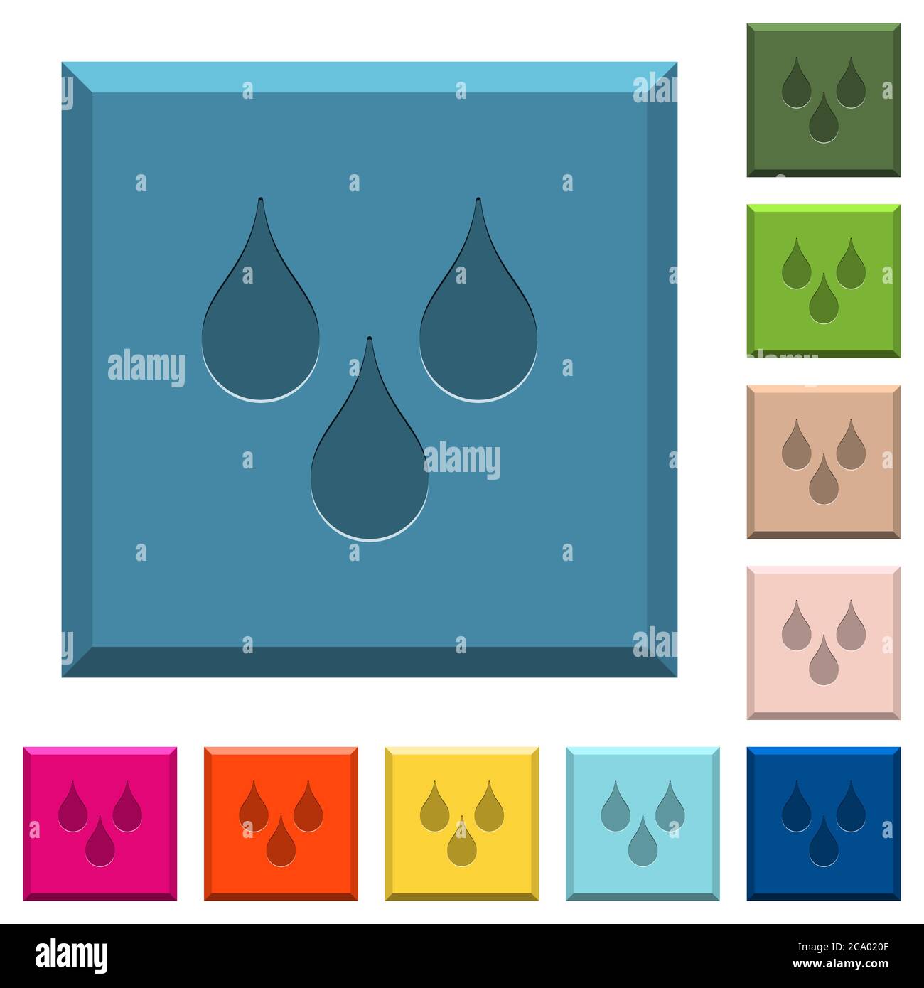 Water drops engraved icons on edged square buttons in various trendy ...