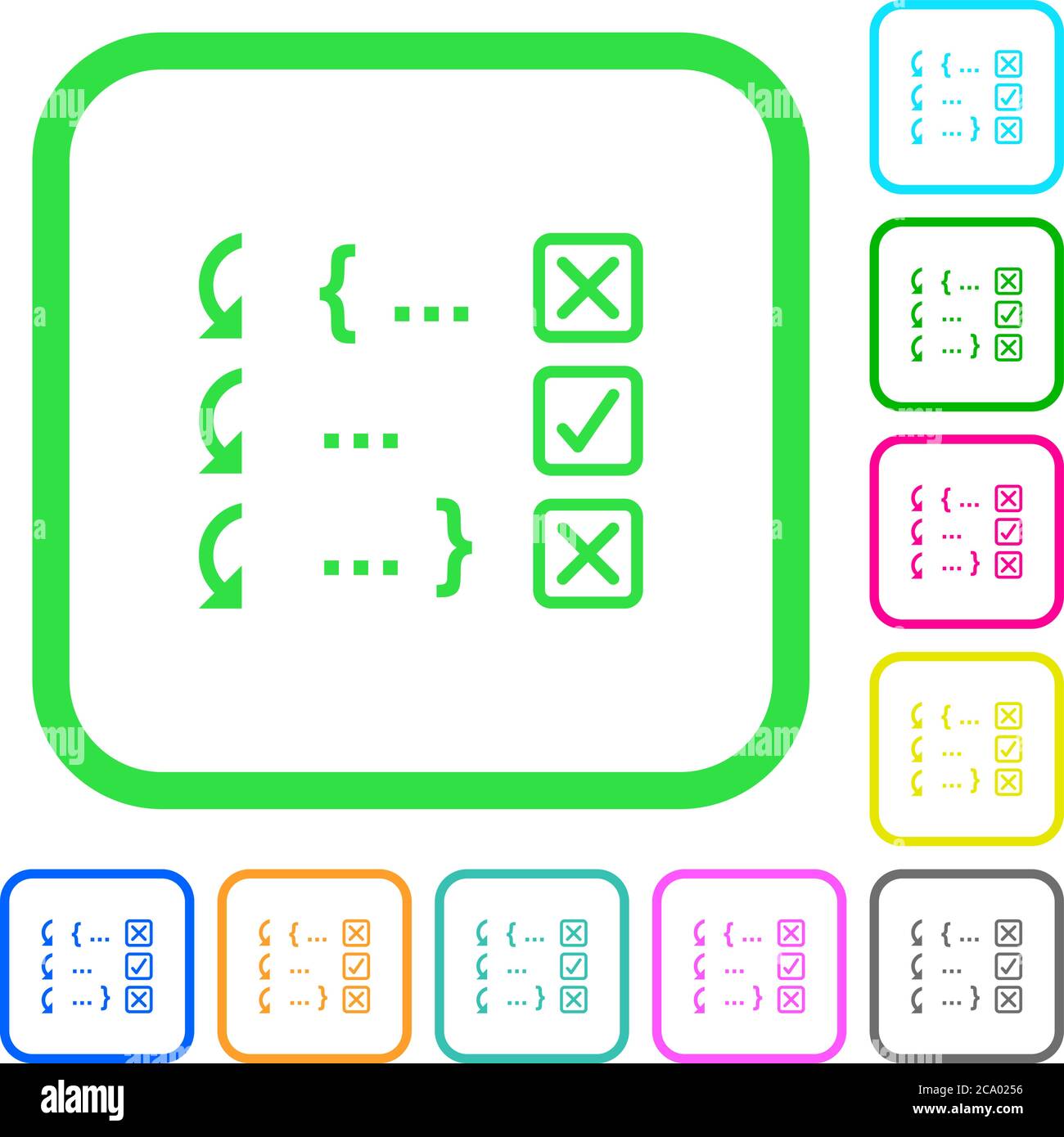 Debugging program vivid colored flat icons in curved borders on white background Stock Vector