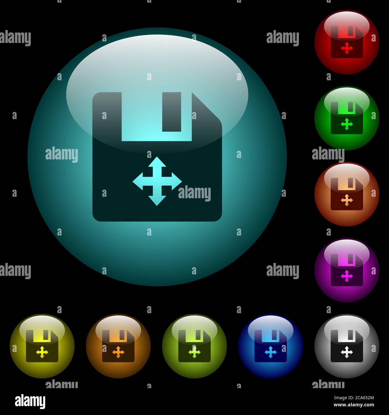 Move file icons in color illuminated spherical glass buttons on black background. Can be used to black or dark templates Stock Vector