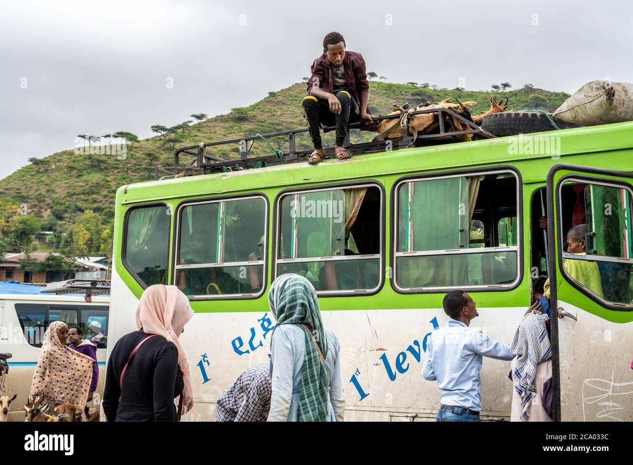 People get on bus, Wollo Province, Amhara Region, Ethiopia, Africa Stock Photo