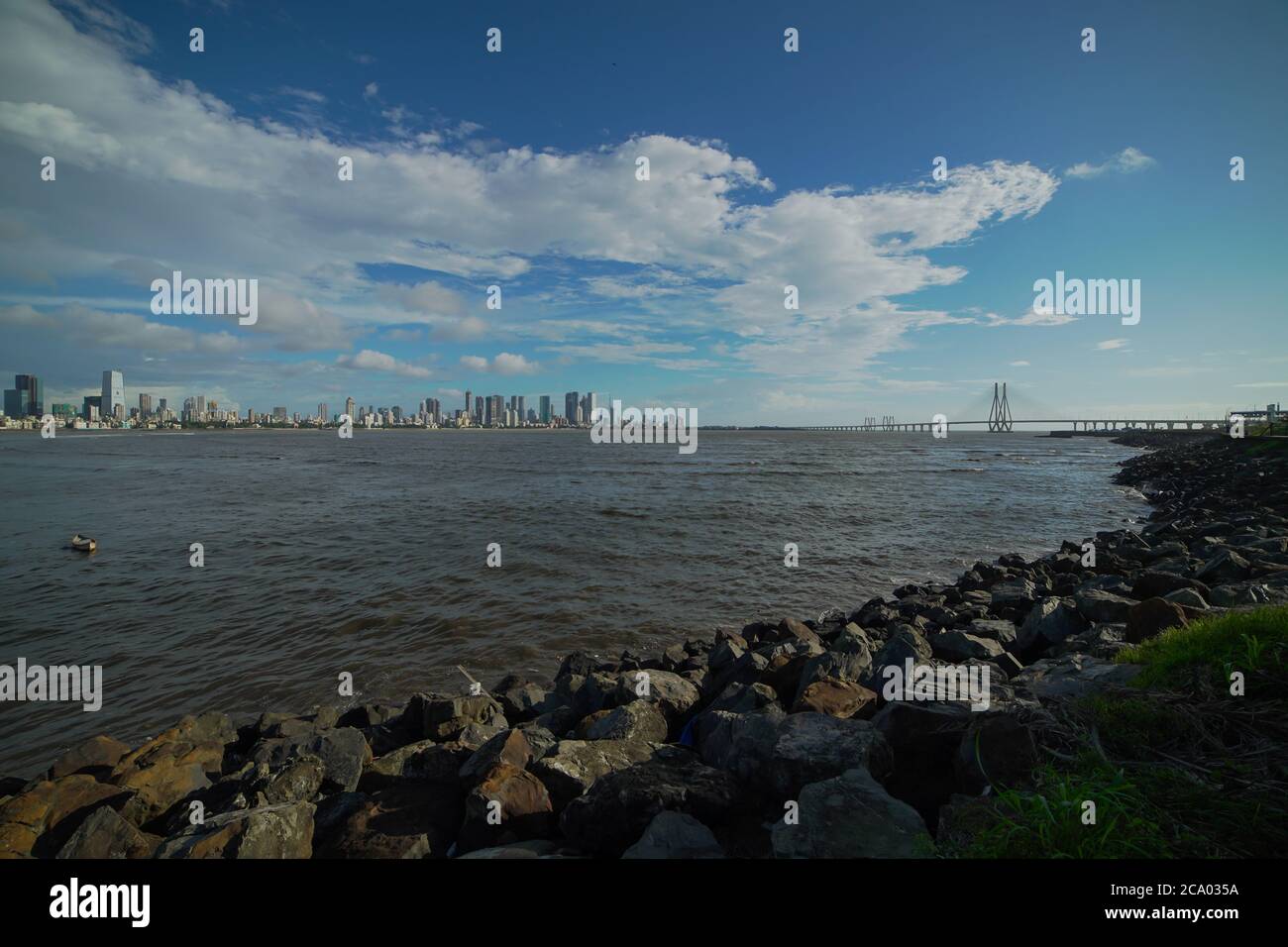 Bandra Worli Sea Link also known as Rajiv Gandhi Sea link Mumbai Skyline 2020 Stock Photo