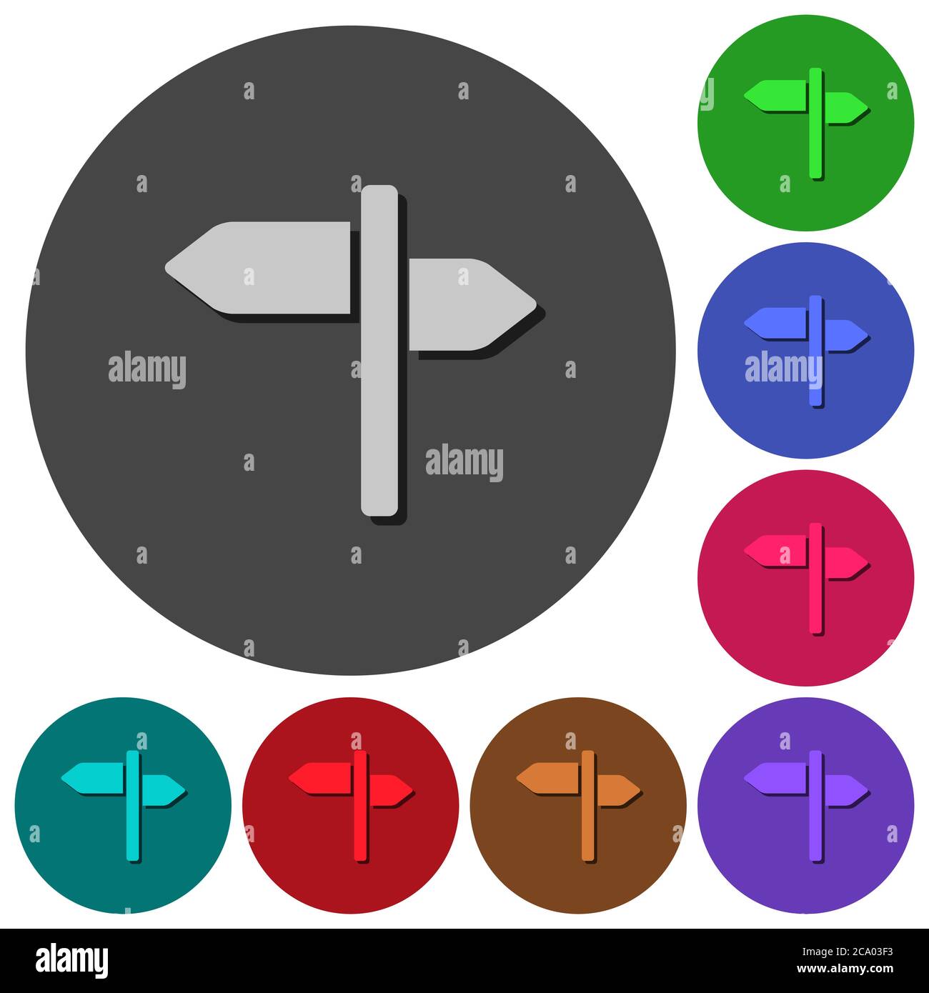Signpost icons with shadows on color round backgrounds for material ...
