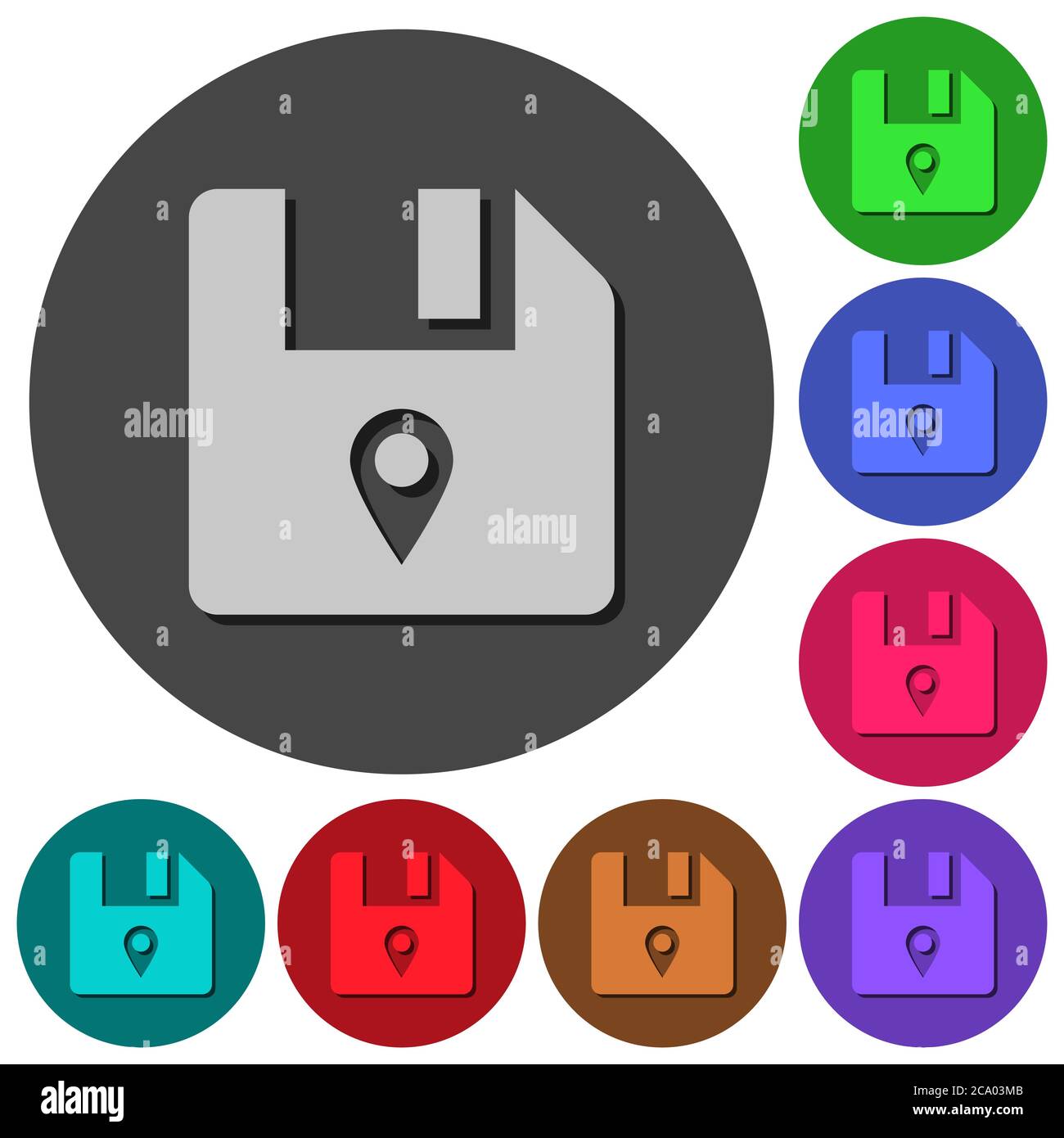 File location icons with shadows on color round backgrounds for