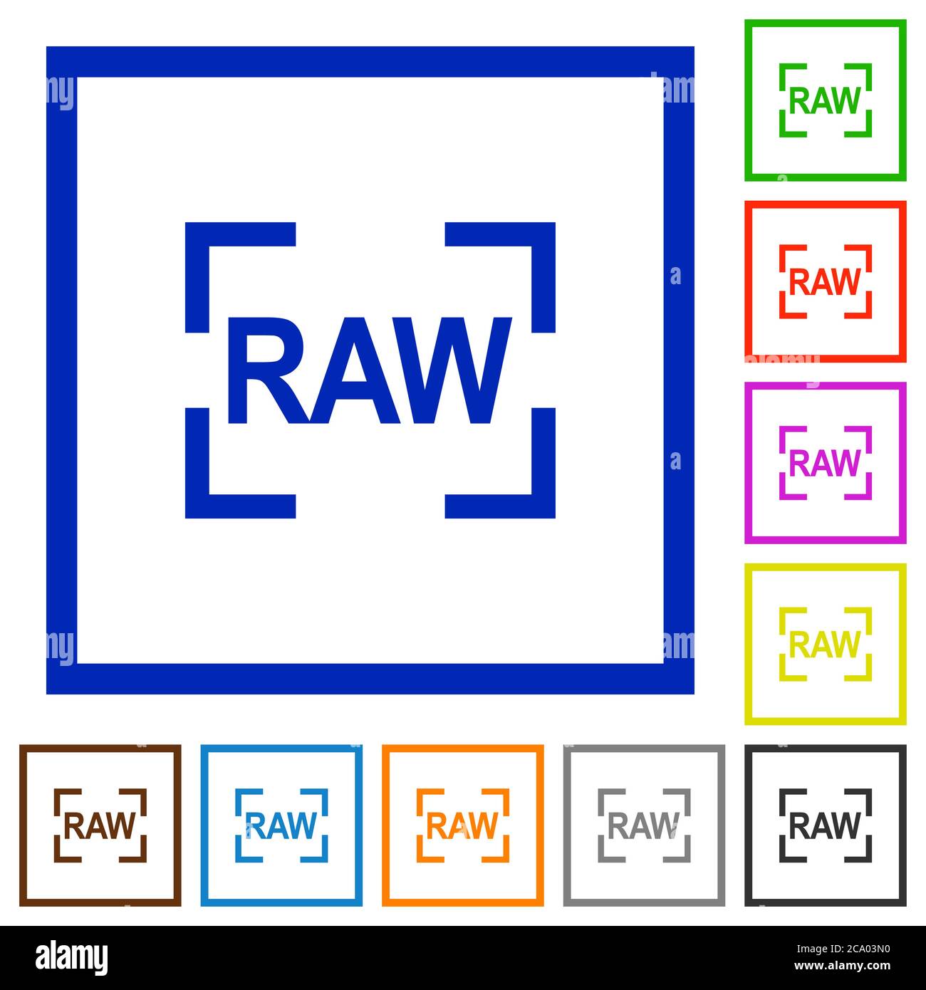 Camera raw image mode flat color icons in square frames on white background Stock Vector