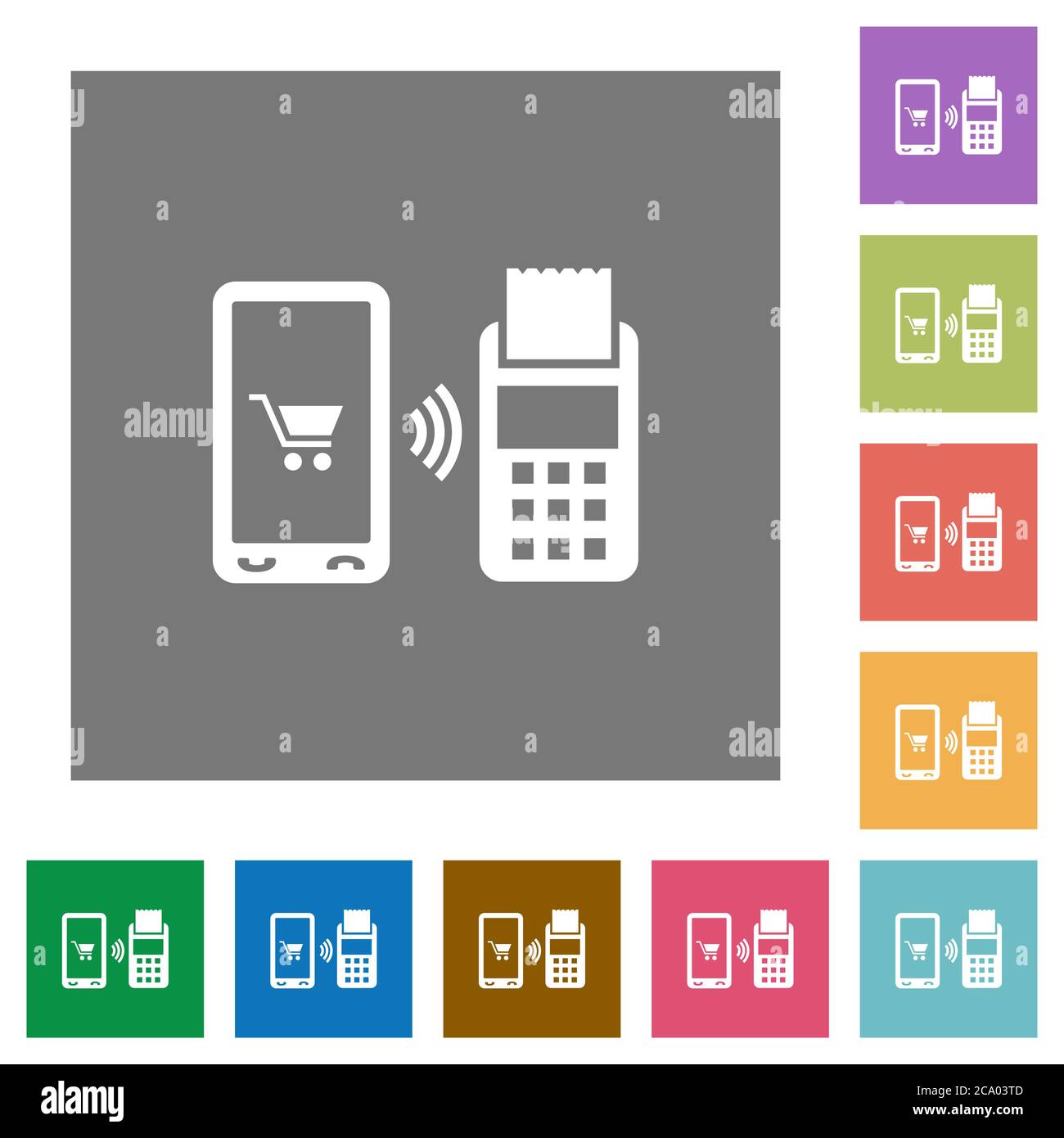 Mobile payment flat icons on simple color square backgrounds Stock Vector