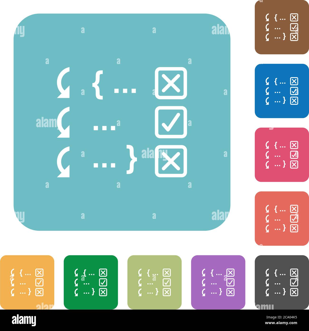 Debugging program white flat icons on color rounded square backgrounds Stock Vector
