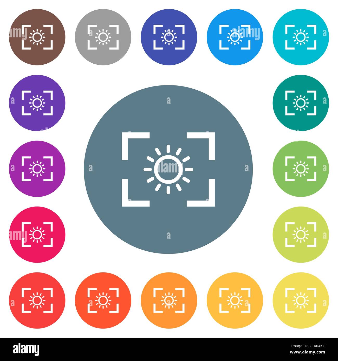 Camera brightness setting flat white icons on round color backgrounds ...