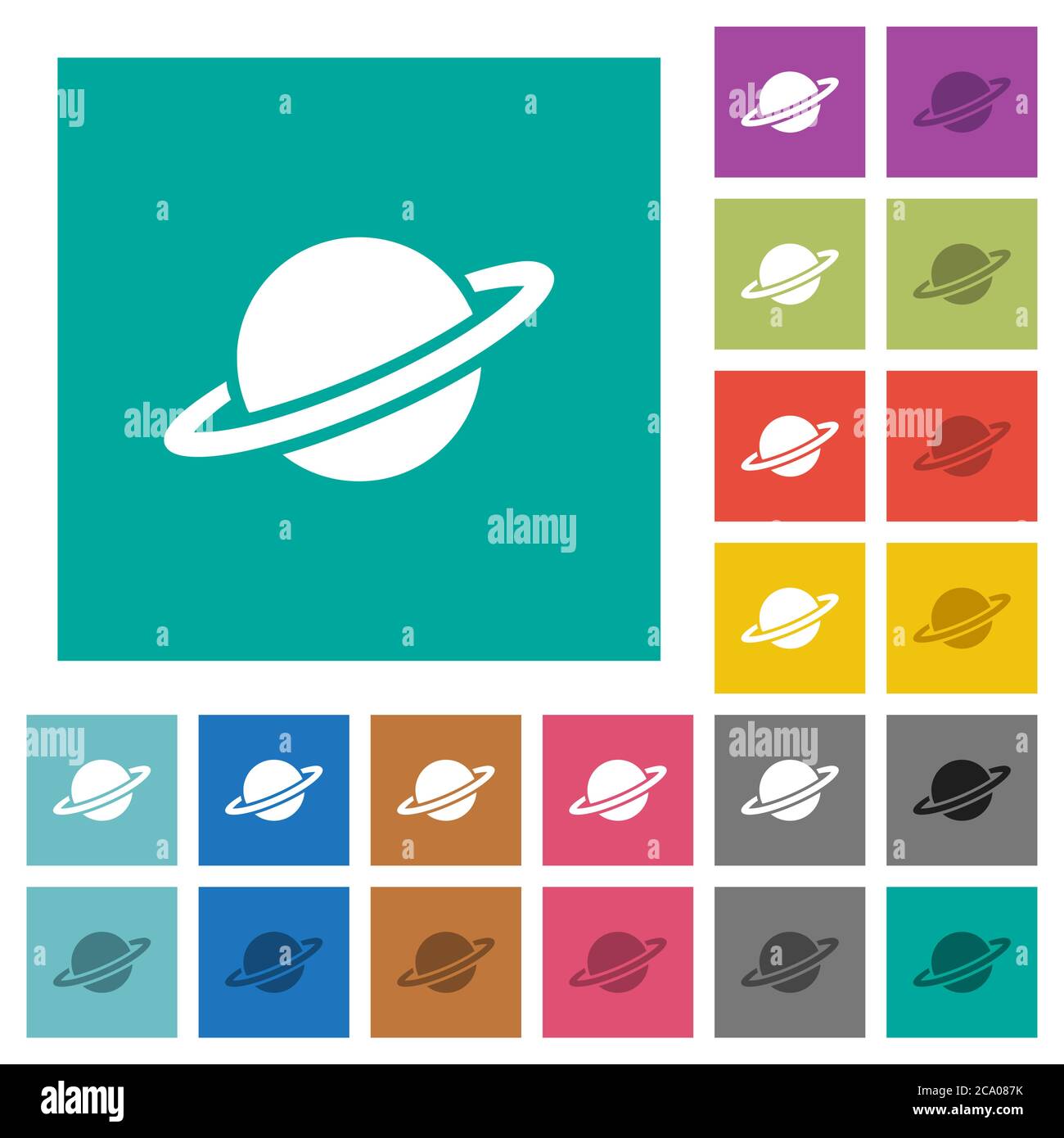 Planet multi colored flat icons on plain square backgrounds. Included white and darker icon variations for hover or active effects. Stock Vector