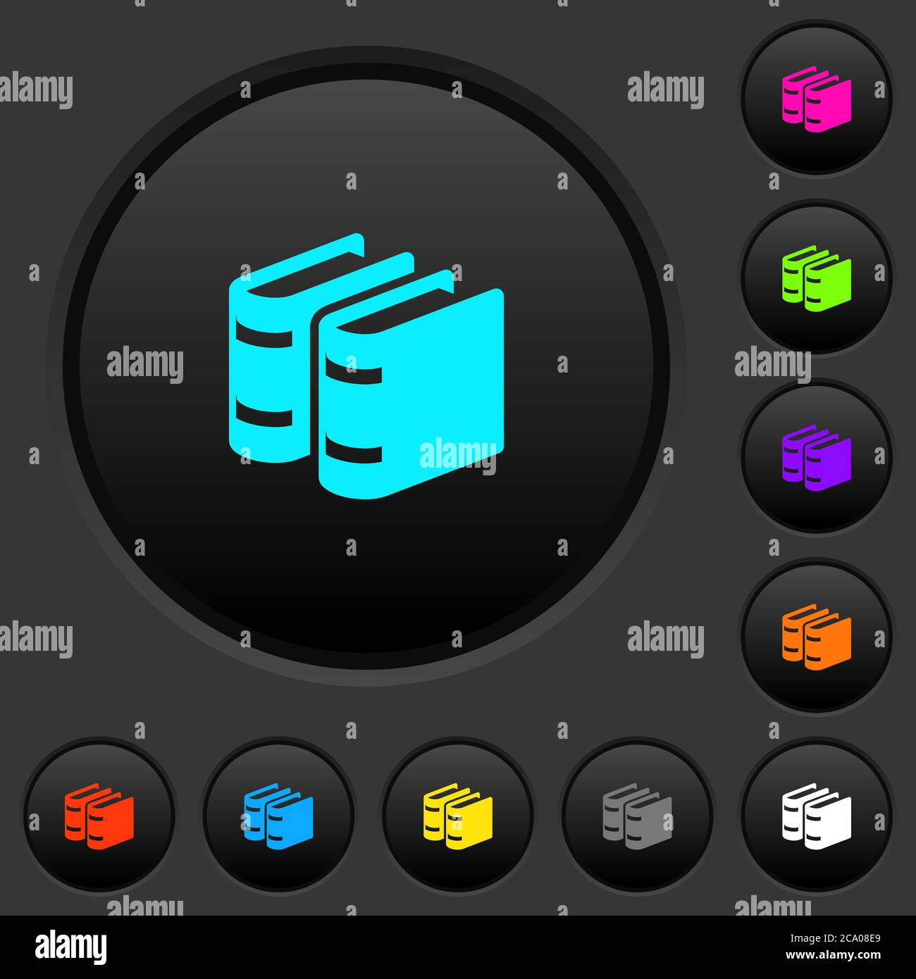 Two books dark push buttons with vivid color icons on dark grey ...