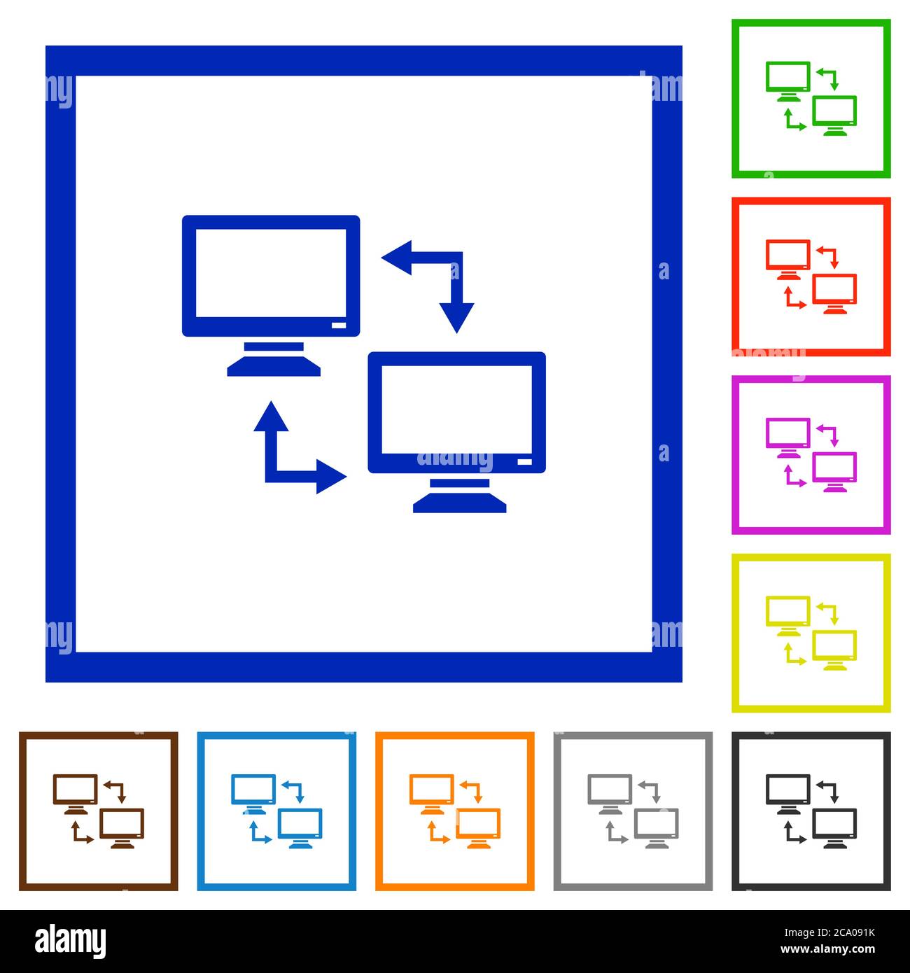 Data syncronization flat color icons in square frames on white ...