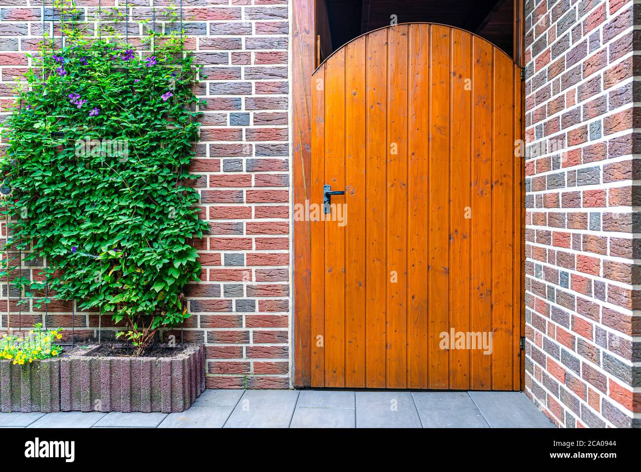Closed wooden garden door with key inside with black handle, visible