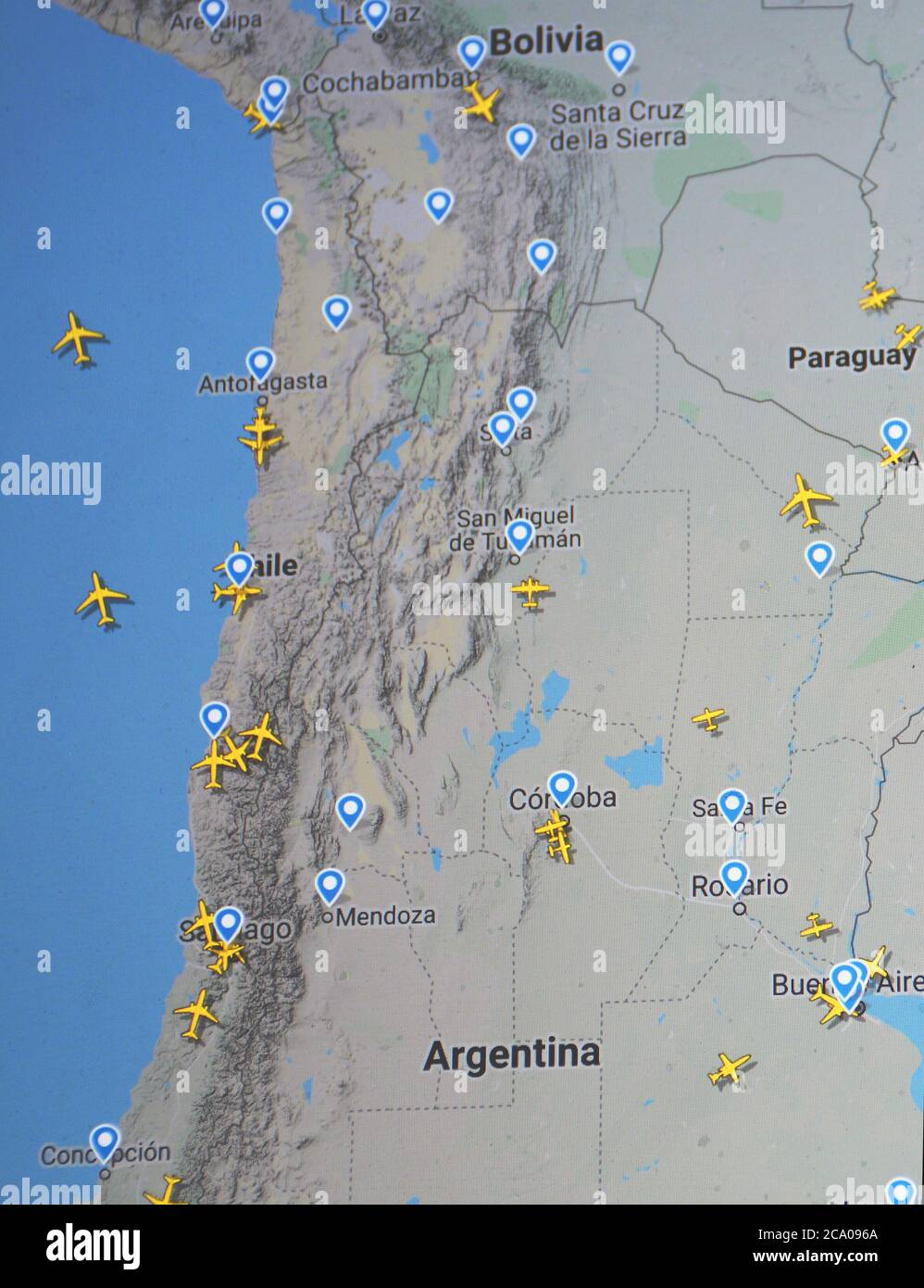 air traffic over Chile, Bolivia, Argentina, Paraguay (03 august 2020, UTC14.52) on Internet with Flightradar 24 site, during the Coronavirus Pandemic Stock Photo