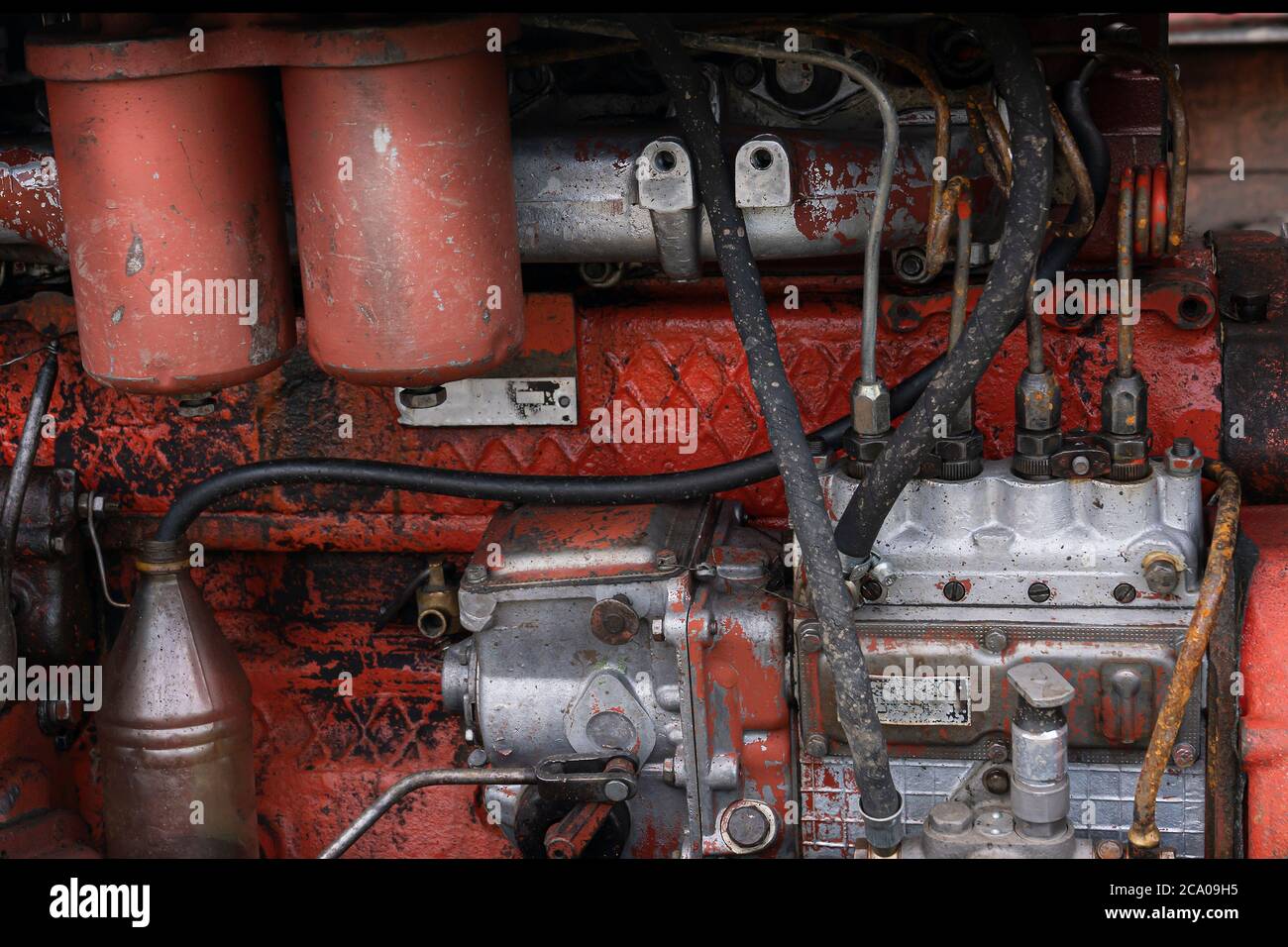 old diesel tractor engine closeup, red and rusty Stock Photo Alamy