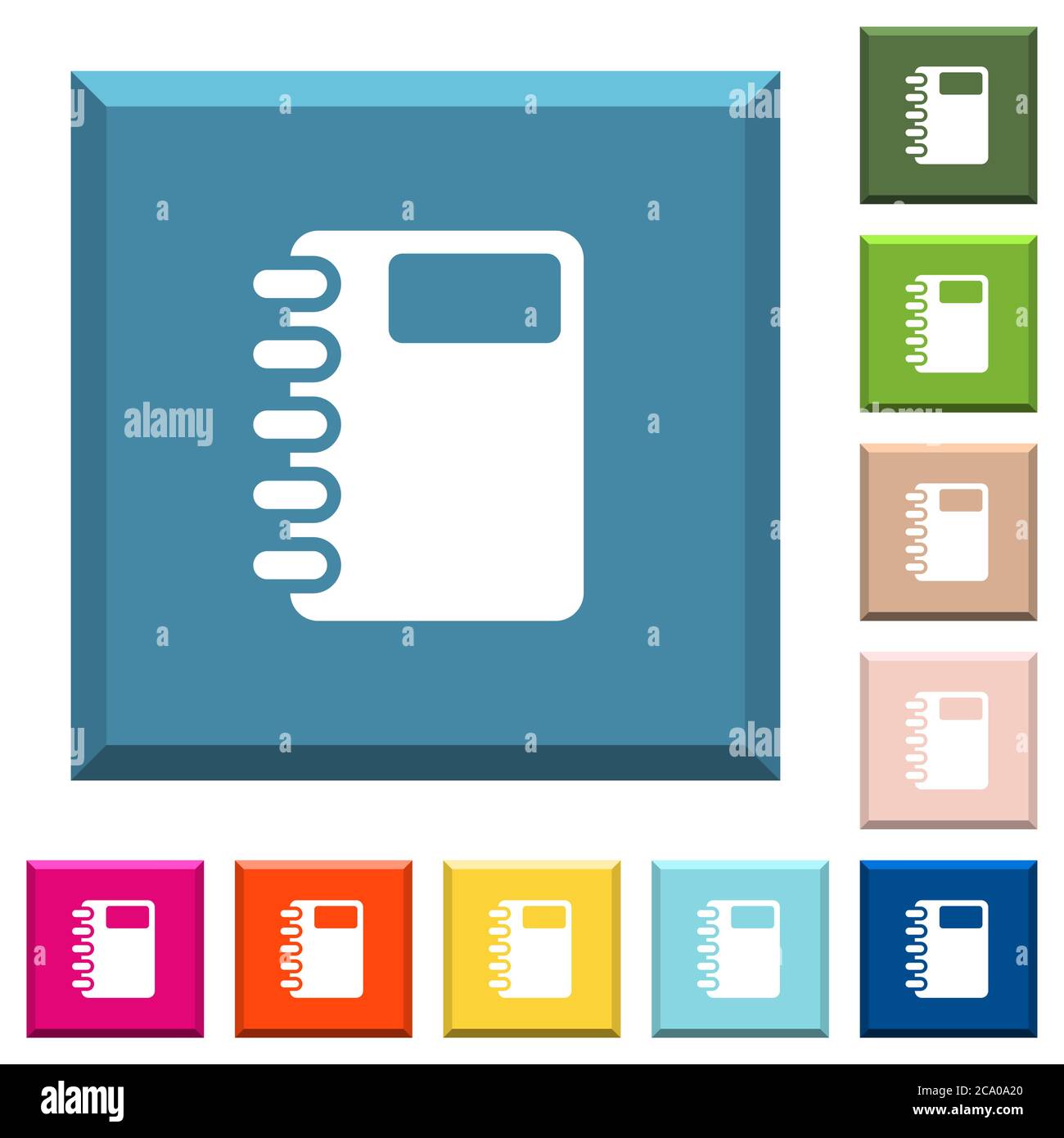 Spiral notebook white icons on edged square buttons in various trendy ...