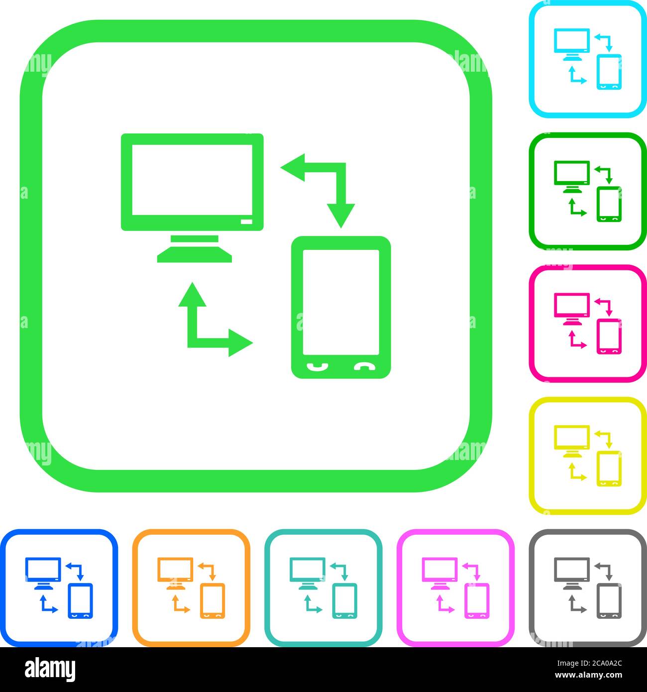 Syncronize mobile with computer vivid colored flat icons in curved borders on white background Stock Vector