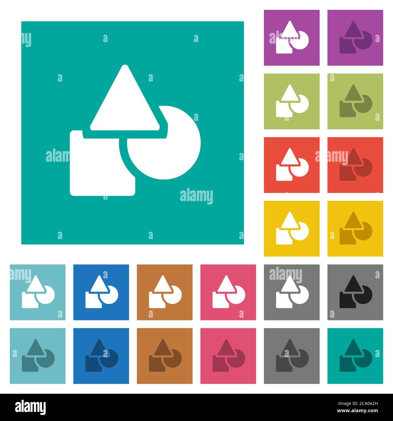 Basic geometric shapes multi colored flat icons on plain square backgrounds. Included white and darker icon variations for hover or active effects. Stock Vector