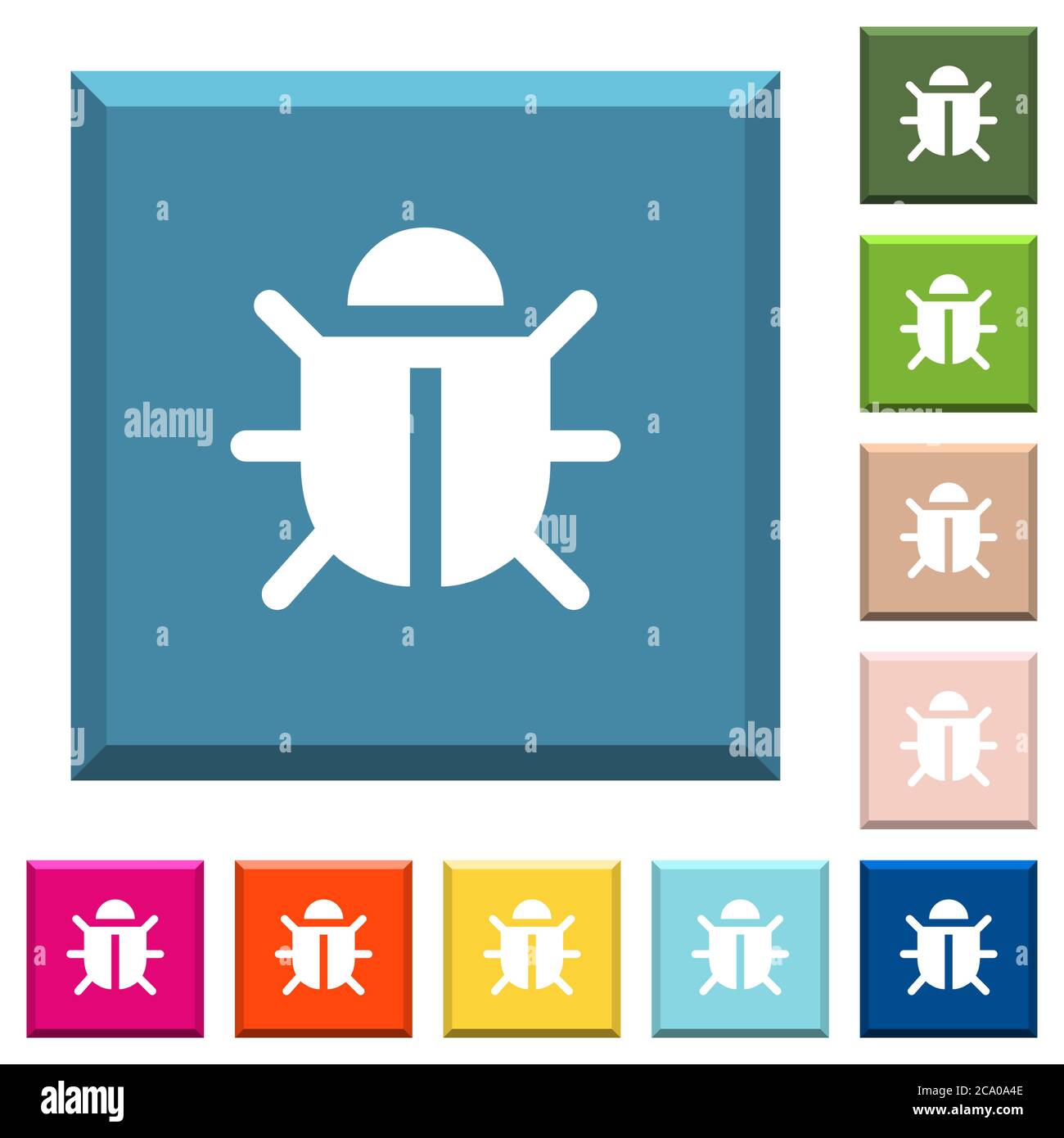 Computer bug white icons on edged square buttons in various trendy ...