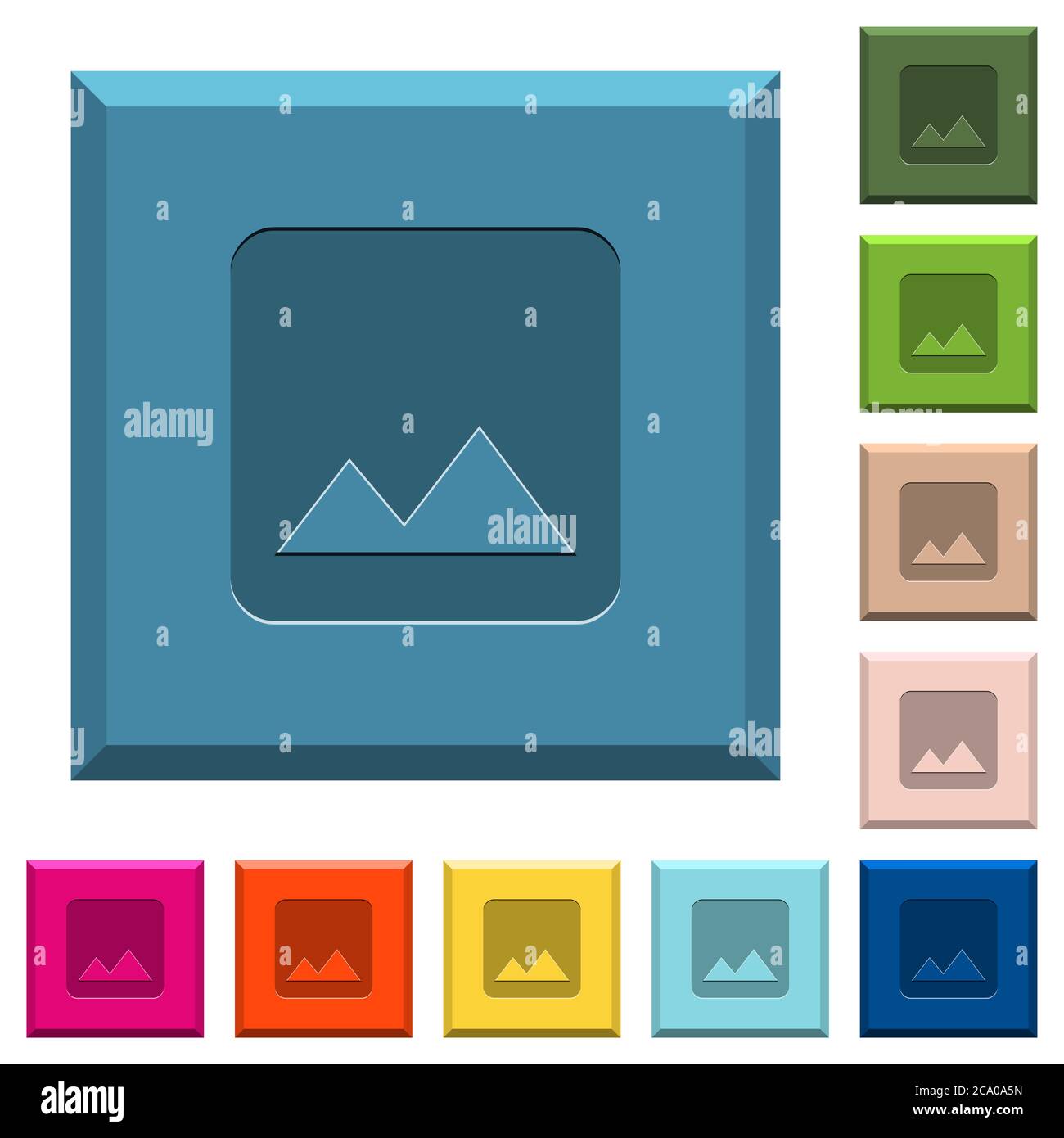 Image engraved icons on edged square buttons in various trendy colors ...