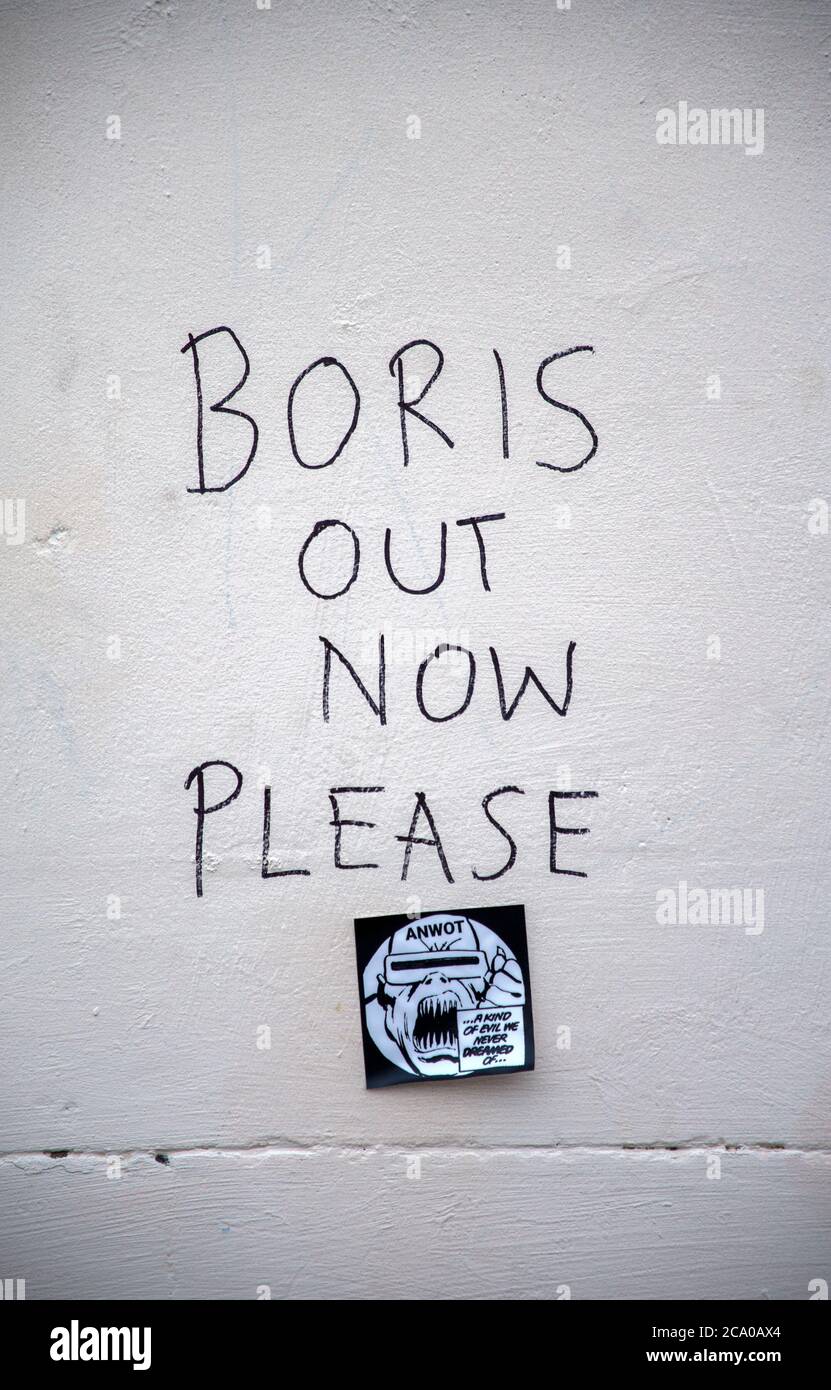 'Boris out now please' graffiti written in marker pen on a wall in Camden, North London Stock Photo