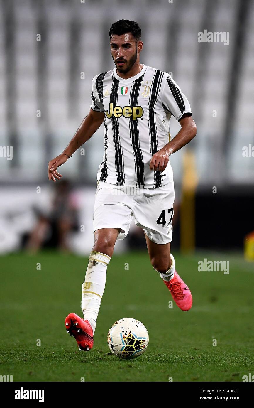 Turin, Italy - 01 August, 2020: Gianluca Frabotta of Juventus FC in action  during the Serie A football match between Juventus FC and AS Roma. AS Roma  won 3-1 over Juventus FC.