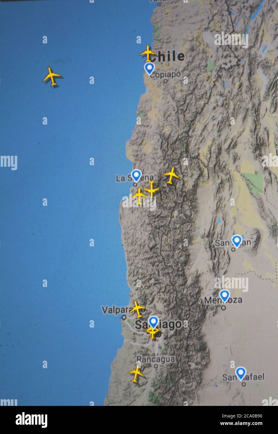 aerial traffic on Chile and Argentina (03 august 2020, UTC14.52) on Internet with Flightradar 24 site, during the Coronavirus Pandemic Stock Photo