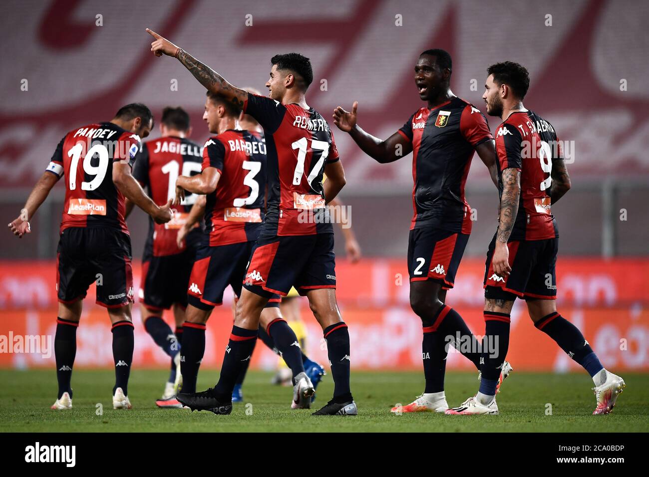 Genoa, Italy - 02 August, 2020: Cristian Romero (C) of Genoa CFC celebrates after scoring a goal during the Serie A football match between Genoa CFC and Hellas Verona. Genoa CFC won 3-0 over Hellas Verona. Credit: Nicolò Campo/Alamy Live News Stock Photo