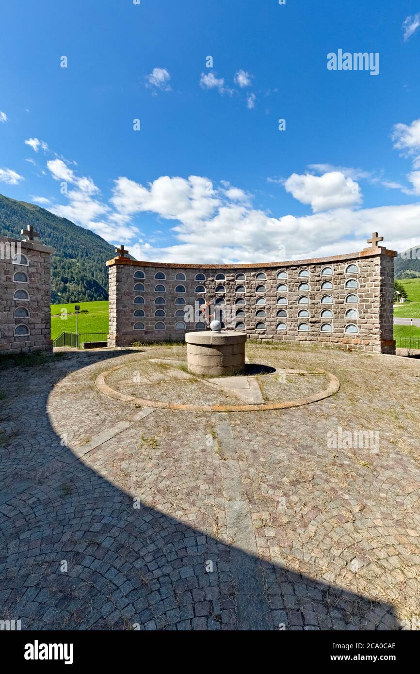 The military memorial monument of Resia Pass was built in 1939 and is an example of fascist architecture. Burgusio, South Tyrol, Italy. Stock Photo