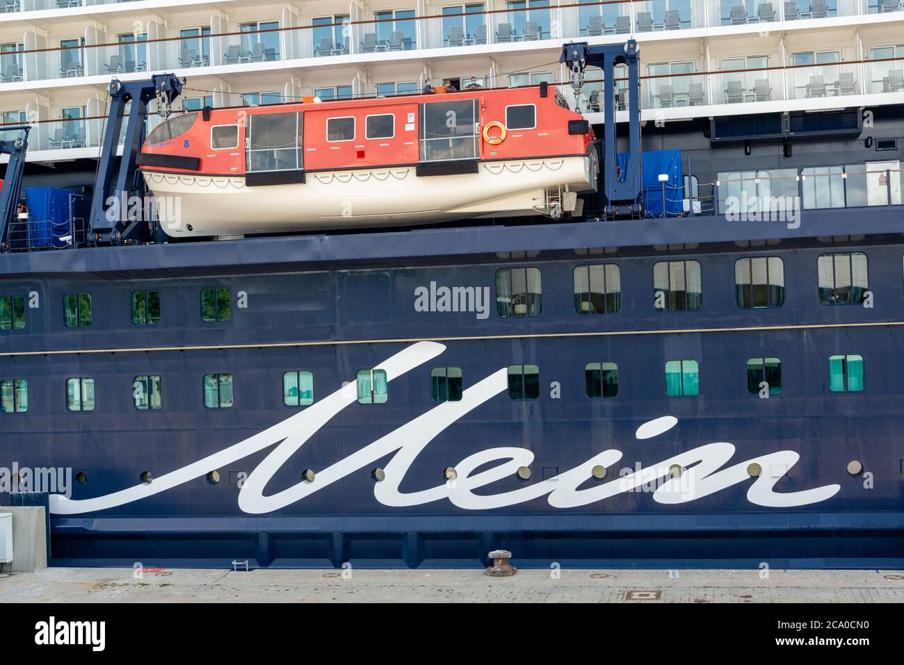 Kiel, Germany, August 3, 2020 'Mein Schiff 1' from TUI Cruises starts today for the first deep-sea cruise from Kiel with approx. 1000 passengers. Strict handling and hygiene concepts have been developed to ensure safe processes. Two terminals are opened for only one ship to make room for minimum distances and procedures. The new Terminal 28 from Port of Kiel at Ostseekai is also open for the first time Credit: Penofoto/Alamy Live News Stock Photo