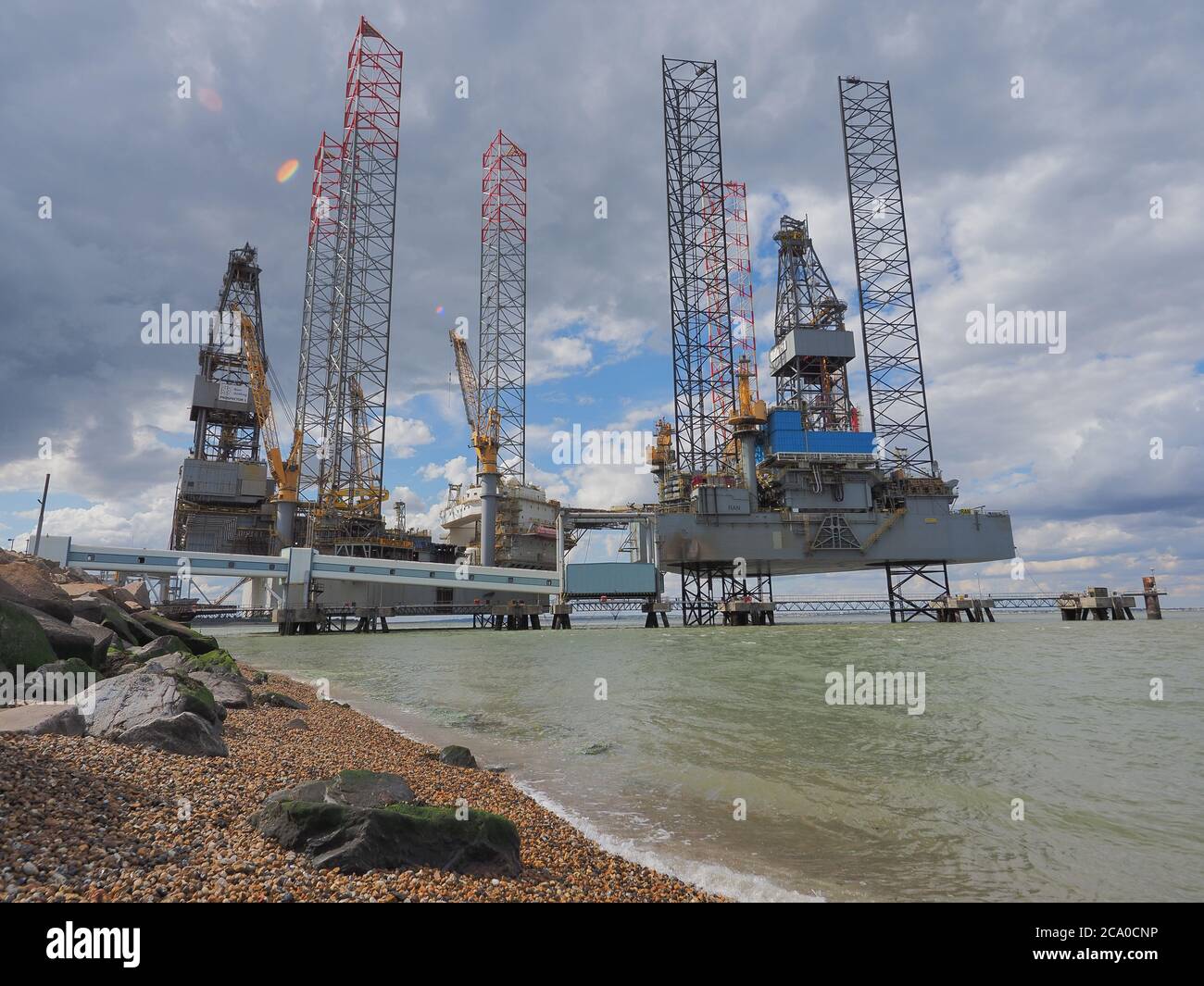 Sheerness, Kent, UK. 3rd August, 2020. Two oil/gas drilling rigs are ...