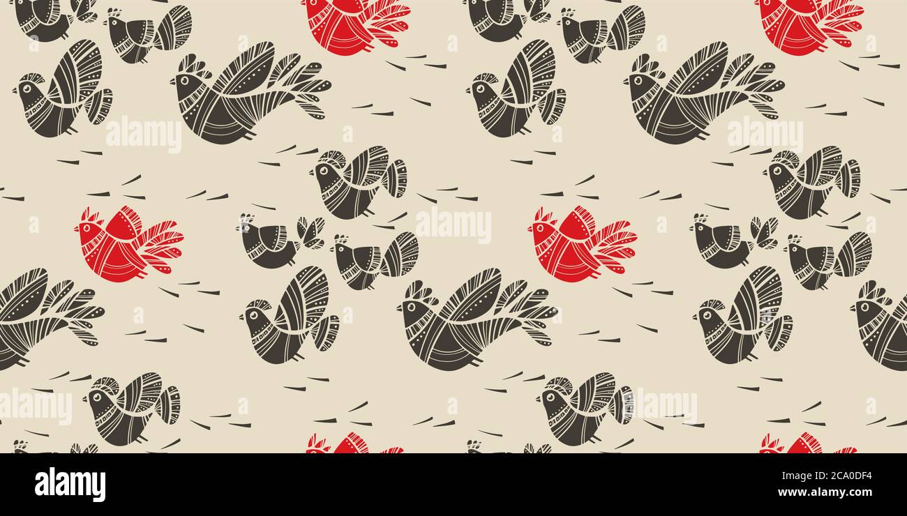 Linocut style spring birds folk vibes seamless pattern. Repeatable peasant traditional color motif for playful projects, background, wrap, fabric, tex Stock Vector