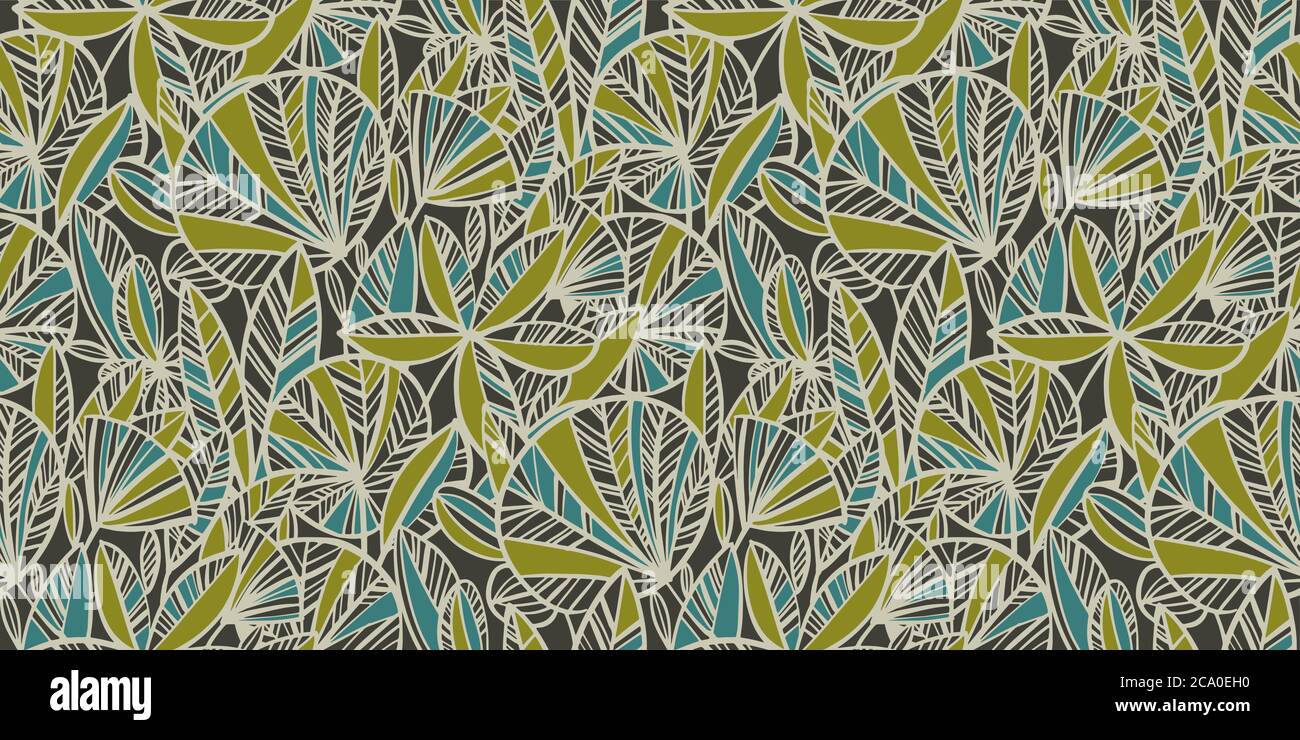 Tropical garden foliage seamless pattern for background, fabric, textile, wrap, surface, web and print design. Green greenhouse vintage vibes leaves t Stock Vector