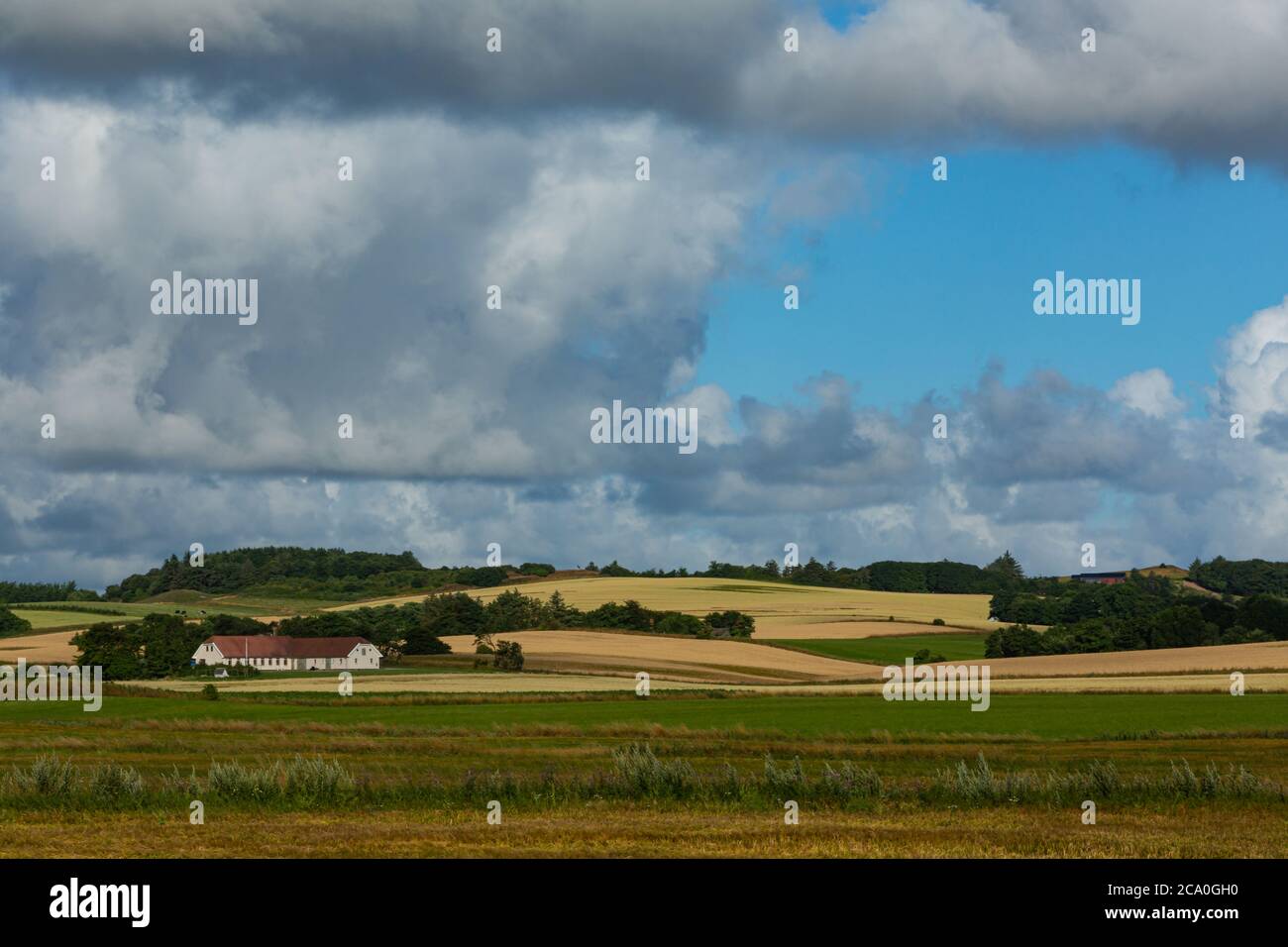 Bauernhaus, Farm, idyllischer Bauernhof, urbane Landschaft, Panoramalandschaft, Getreidefelder, Wolken, Regenwolken, Hügel, blauer Himmel, Idylle, Stock Photo