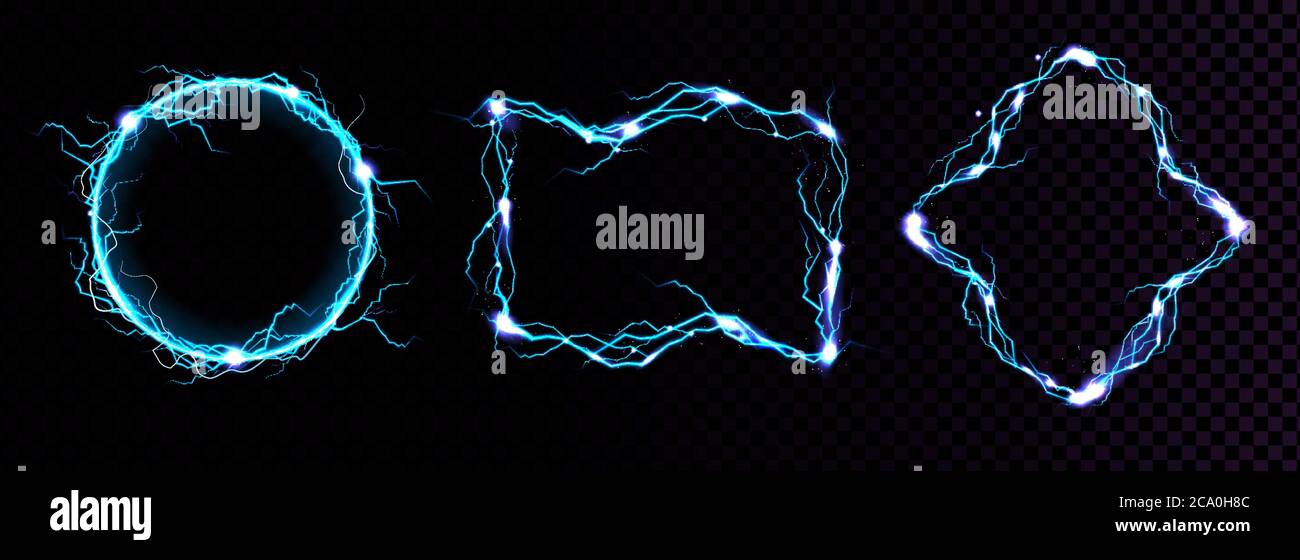 hektar gøre ondt Settlers Lightning frames, electric blue thunderbolt borders, magic portals, energy  strike. Powerful electrical discharge dazzle isolated on black and  transparent background. Realistic 3d vector illustration Stock Vector Image  & Art - Alamy